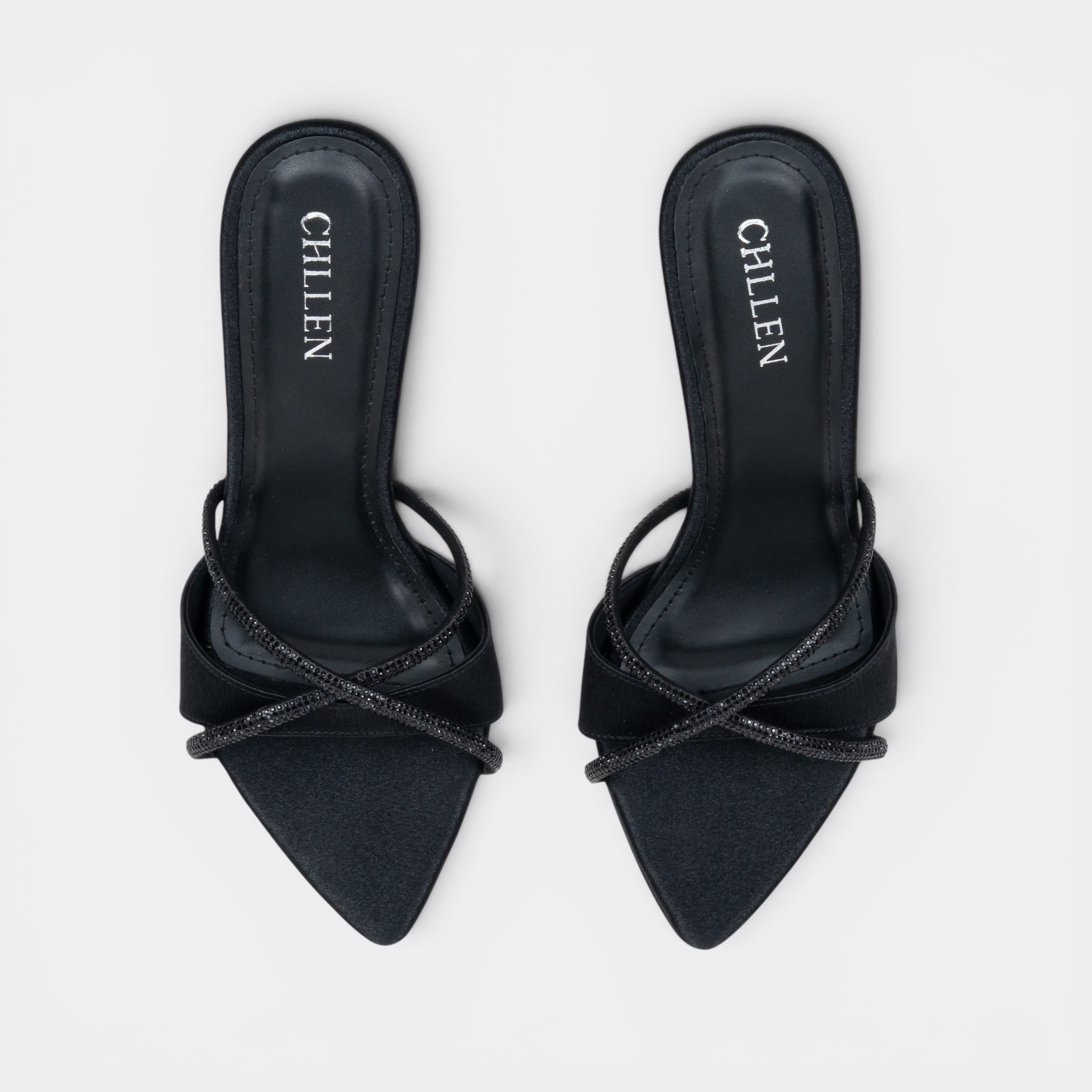 CHLLEN Black Crystal Cross Strap Heels