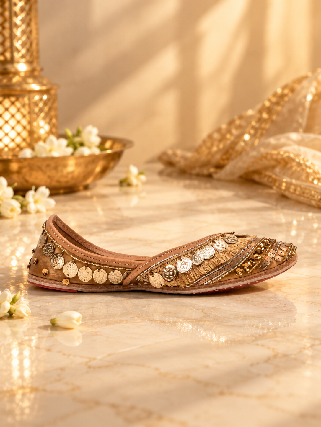 CHLLEN Golden Zari Fringe Embellished Juttis