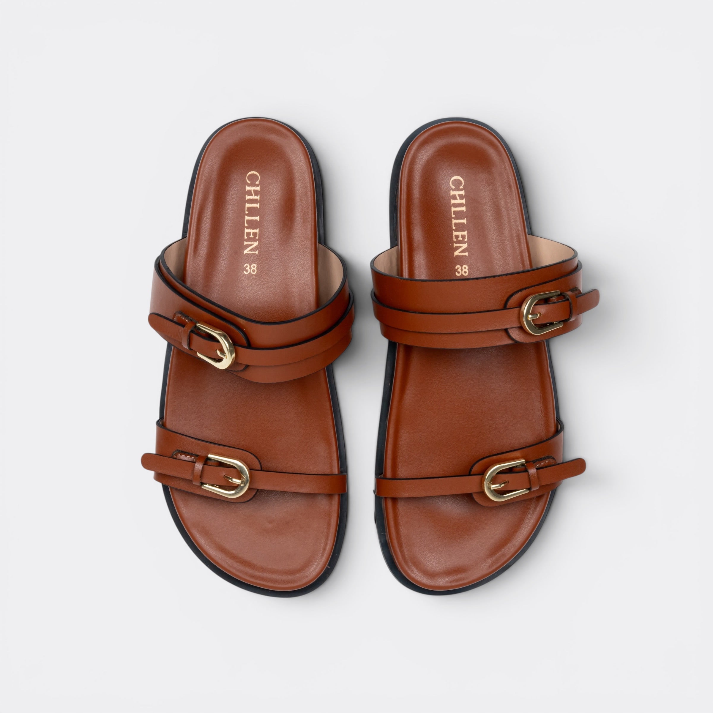 CHLLEN Tan Floral Buckle Double-Strap Slides