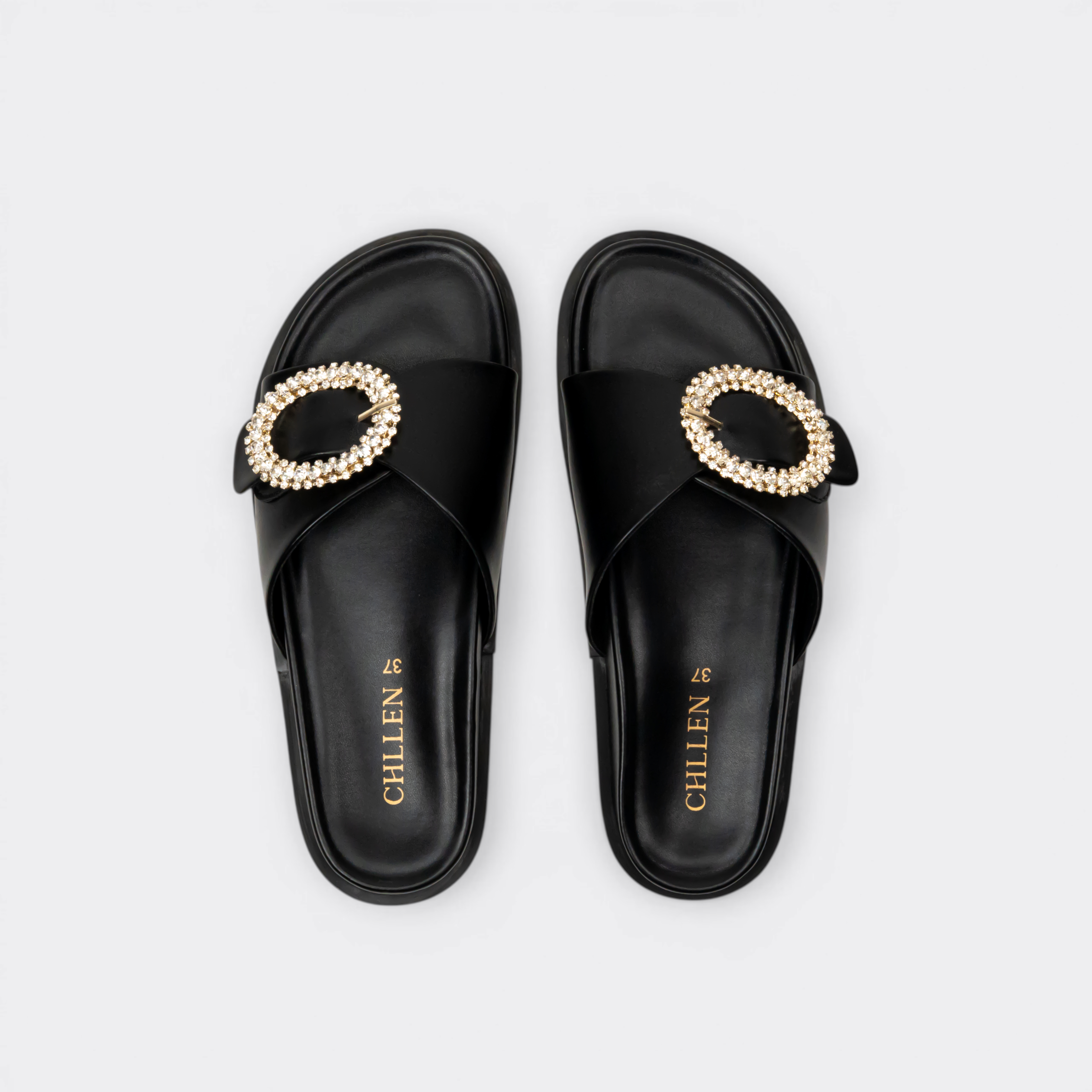 CHLLEN Black Opal Studded Slide Flats