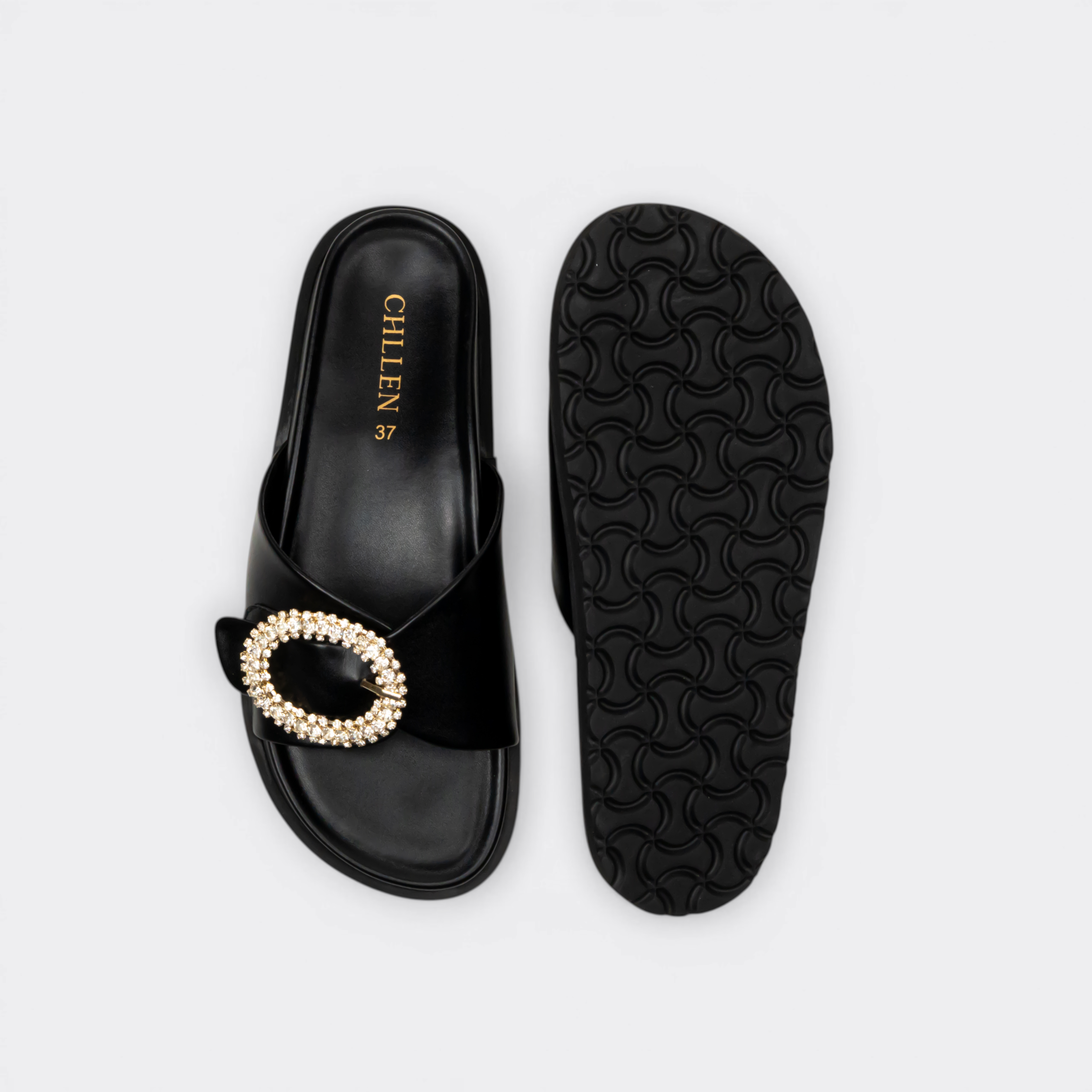 CHLLEN Black Opal Studded Slide Flats