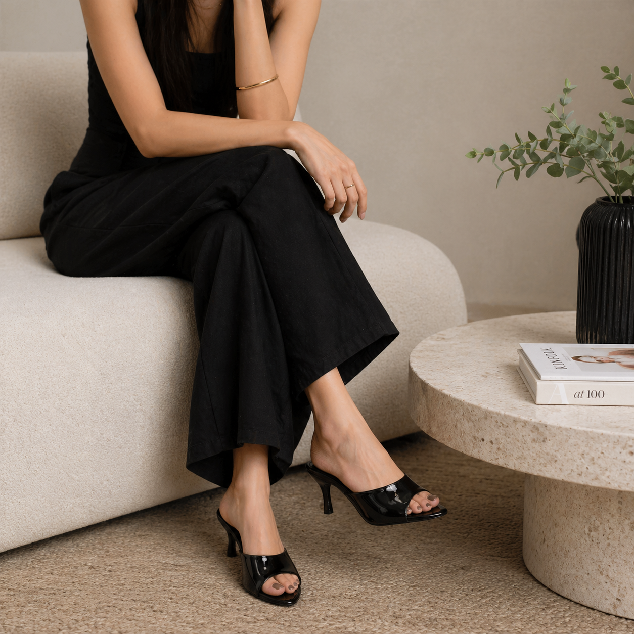 CHLLEN Noir Gloss Pointed Mule Heels