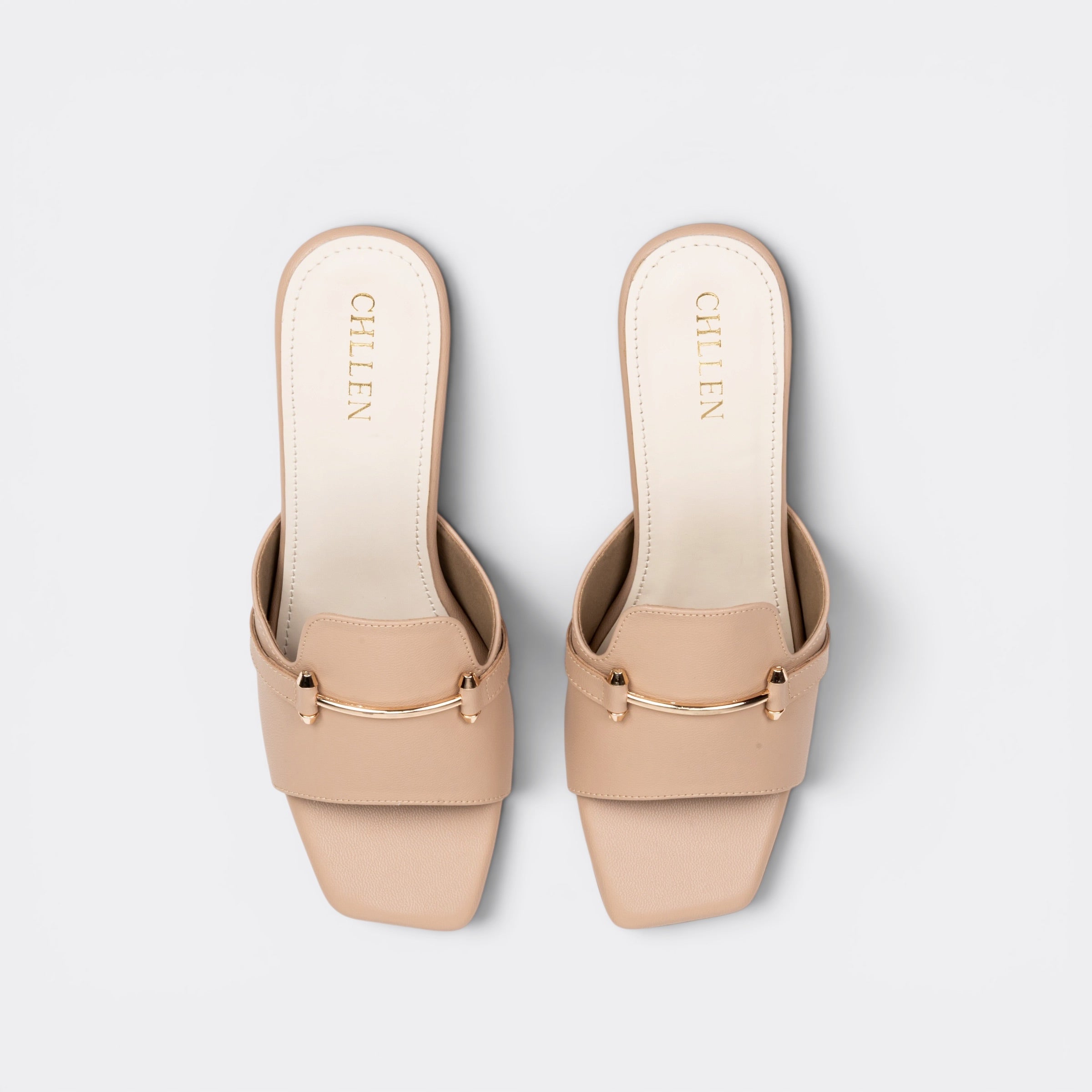 CHLLEN Taupe Metal Accent Strap Heels
