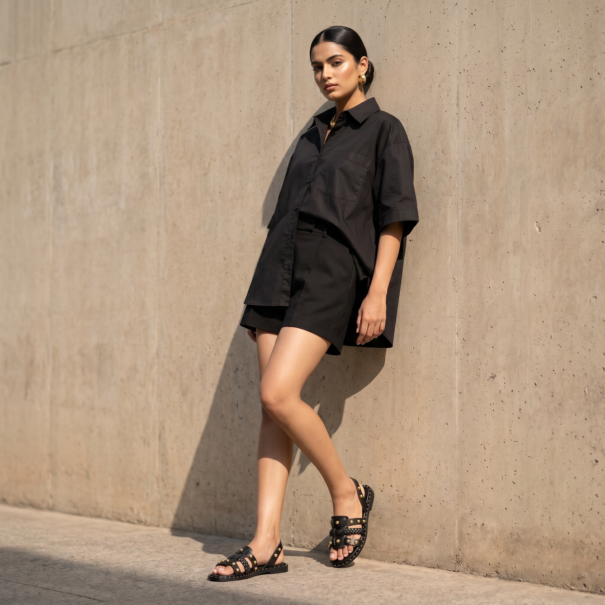 CHLLEN Noir Studded Braided Slingback Flats Sandal