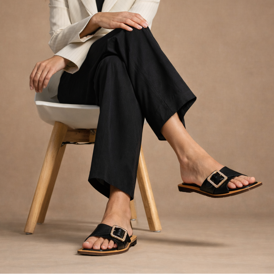 CHLLEN Noir Crystal Buckle Contrast Flats