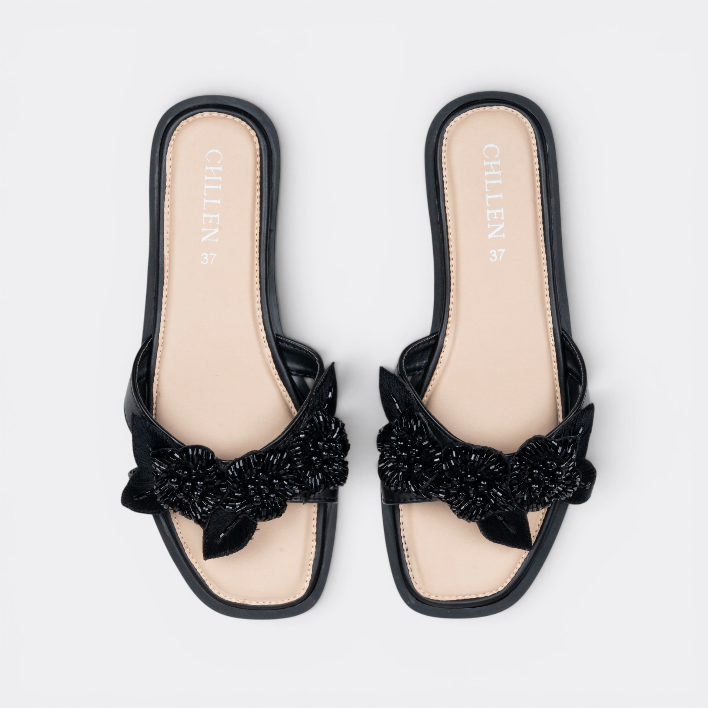 CHLLEN Black Floral Embellished Flats