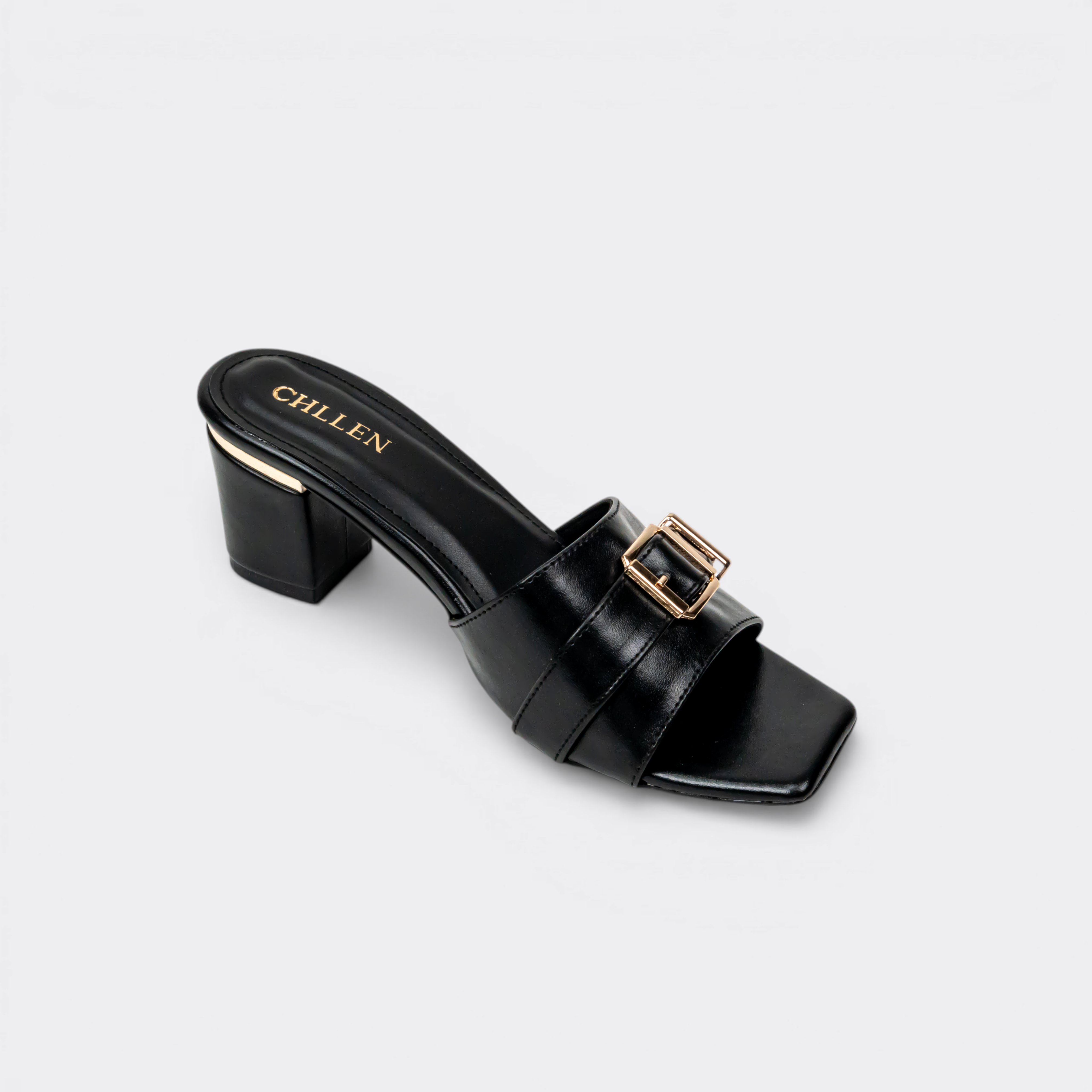 CHLLEN Noir Buckle Strap Mule Heels