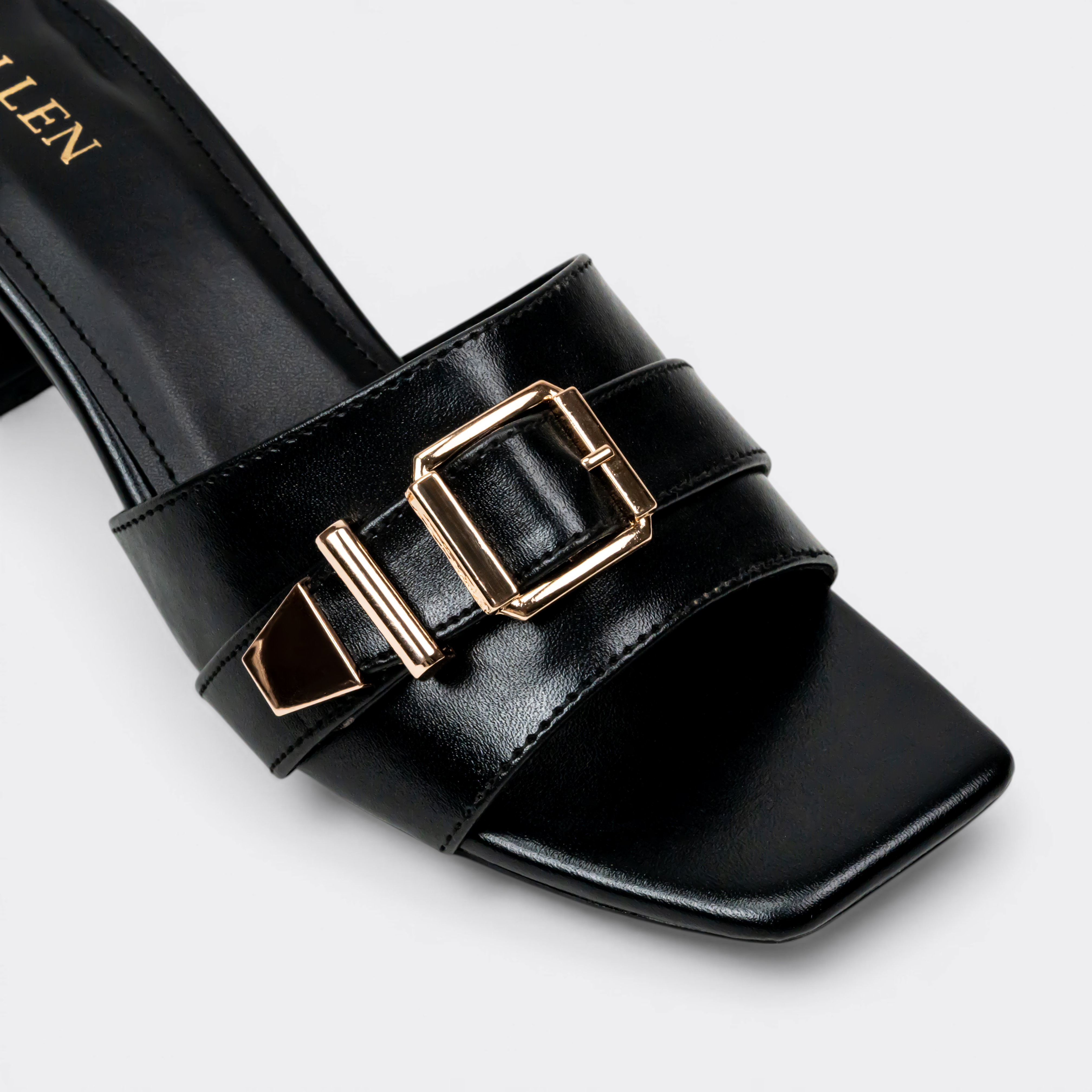 CHLLEN Noir Buckle Strap Mule Heels