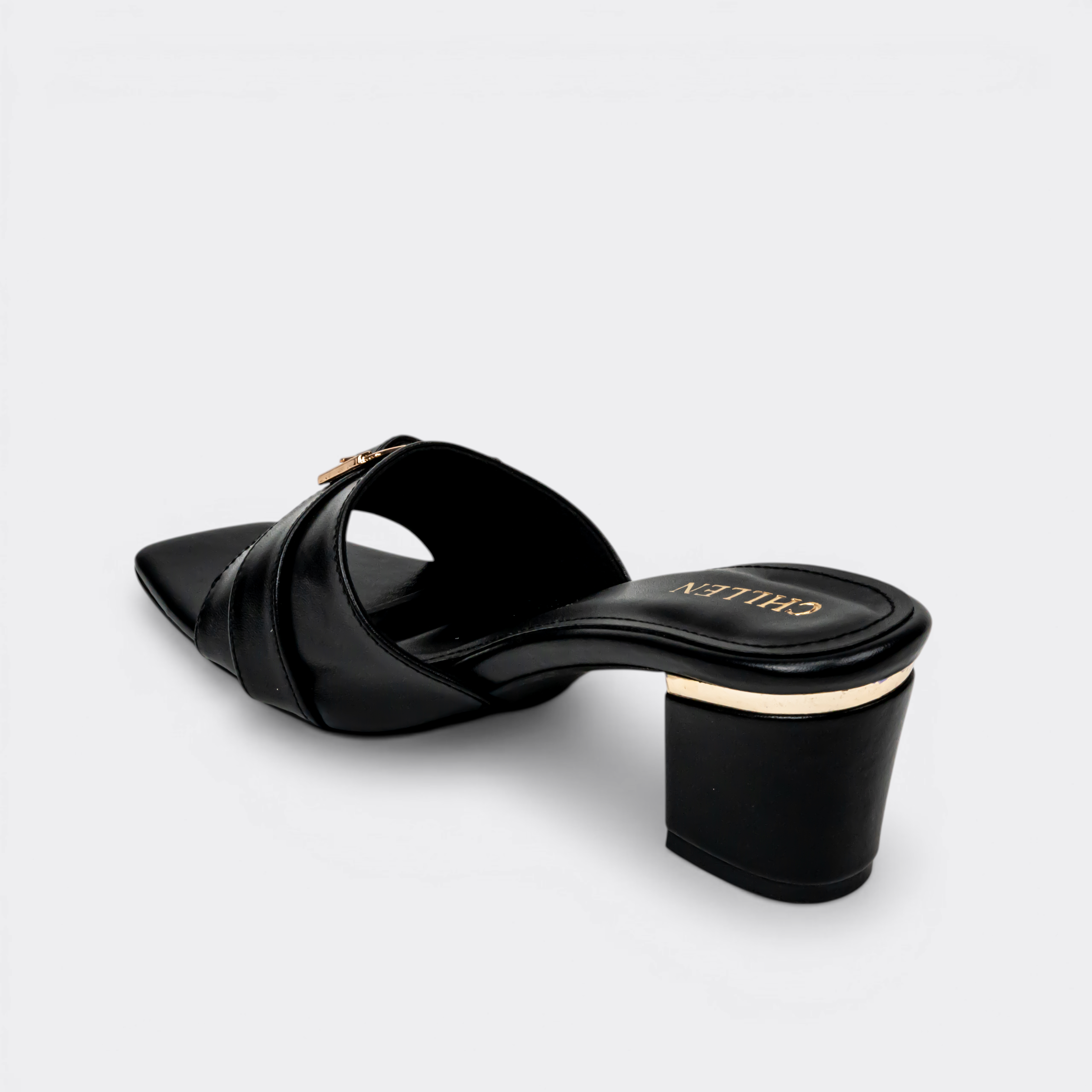 CHLLEN Noir Buckle Strap Mule Heels