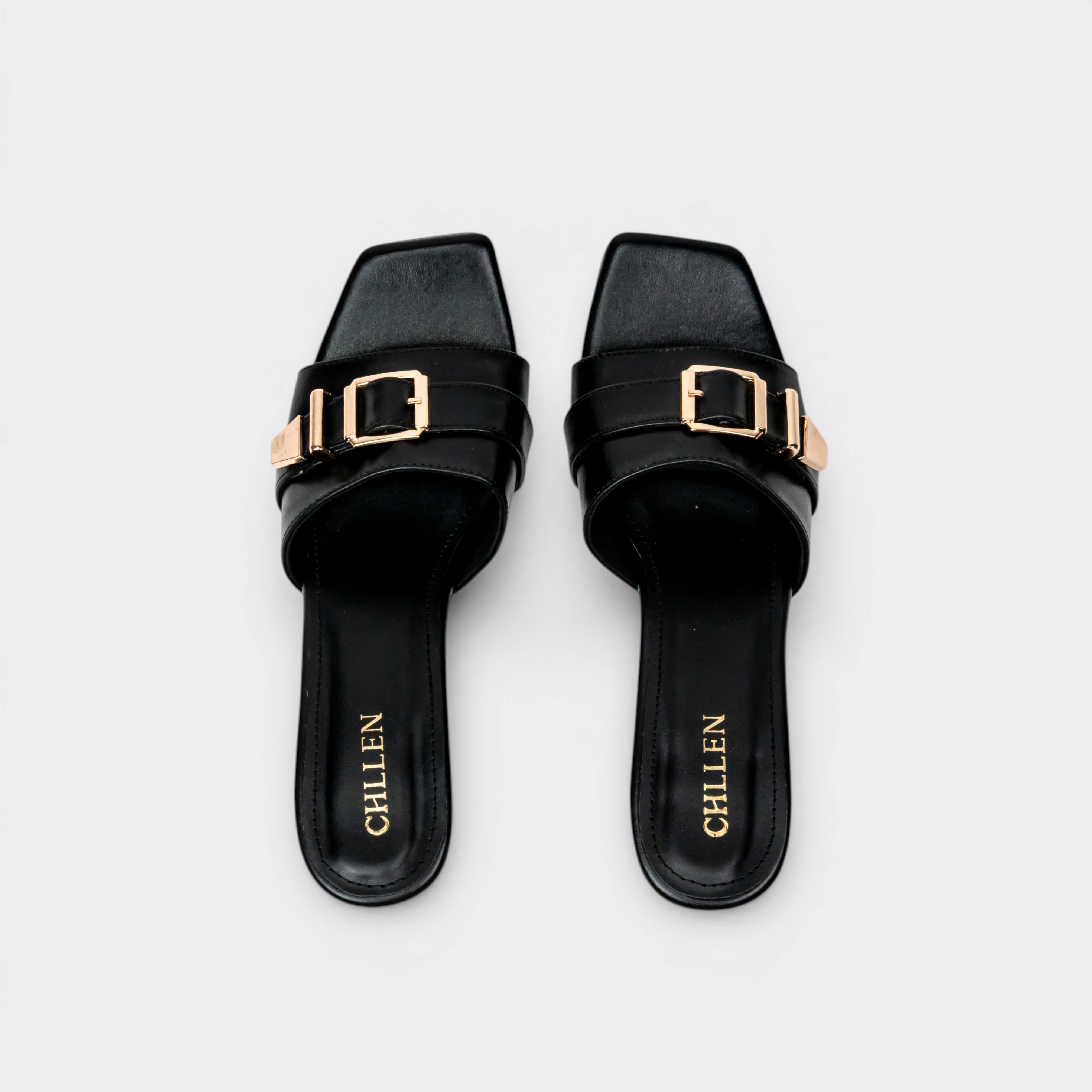 CHLLEN Noir Buckle Strap Mule Heels