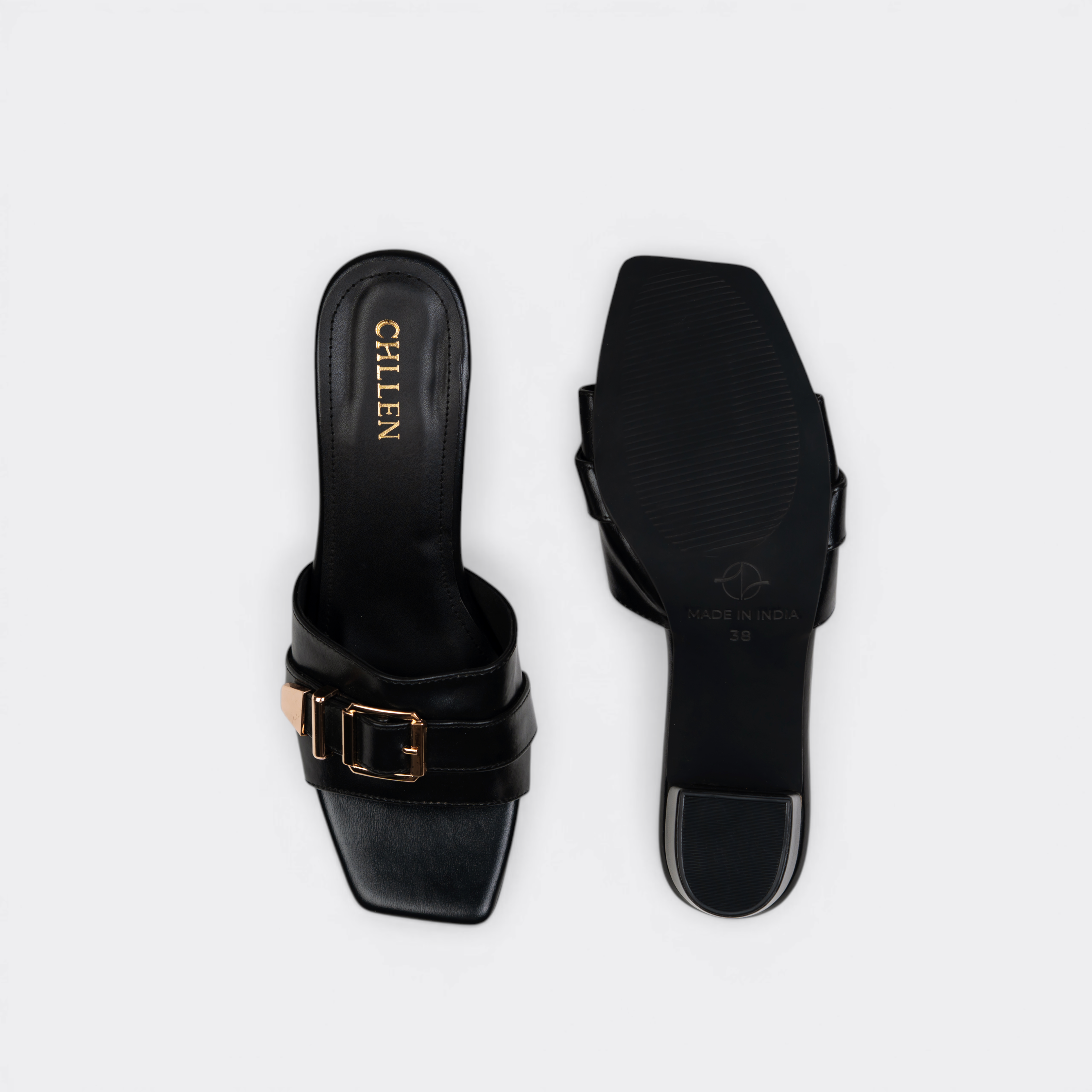 CHLLEN Noir Buckle Strap Mule Heels