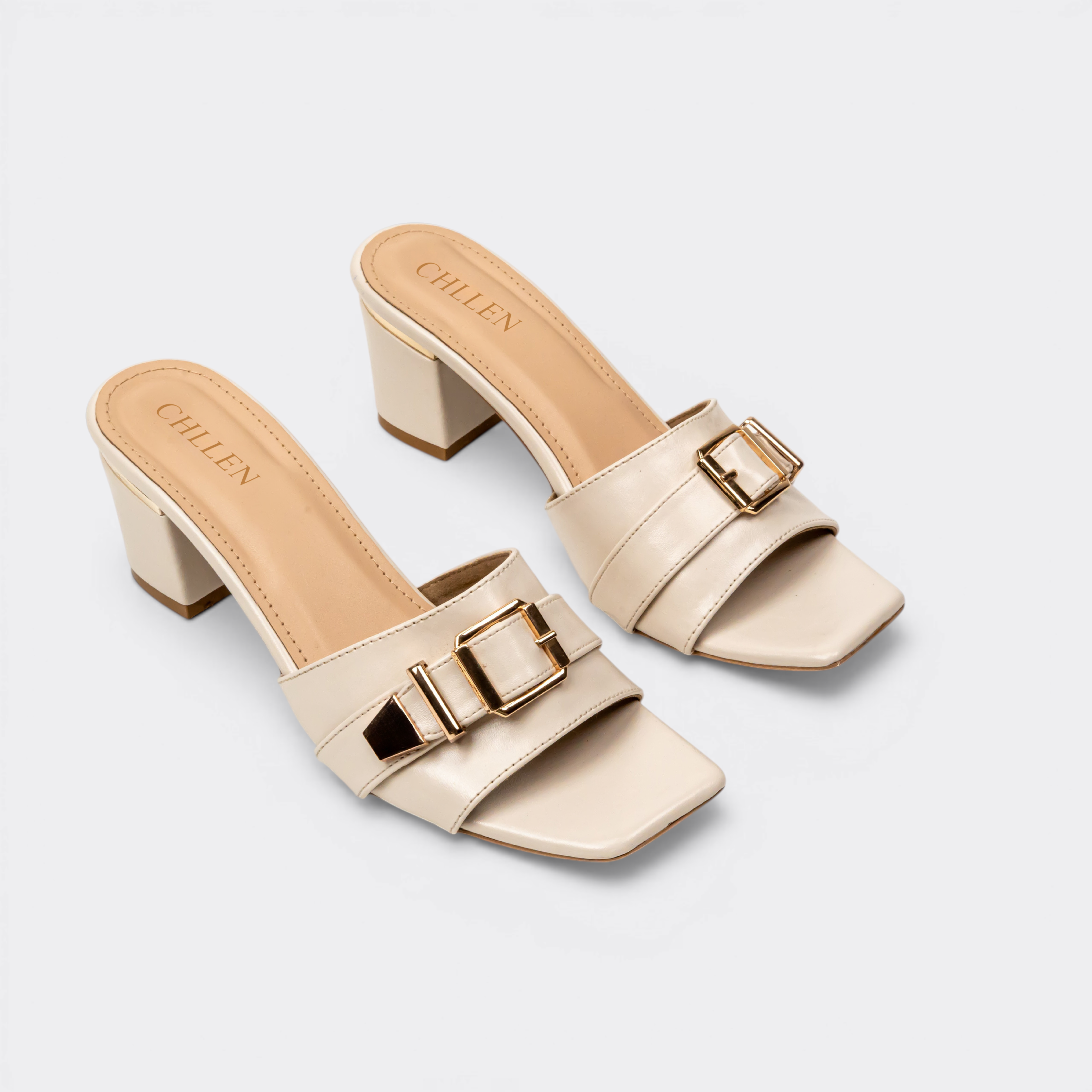 CHLLEN Ivory Buckle Strap Block Heels