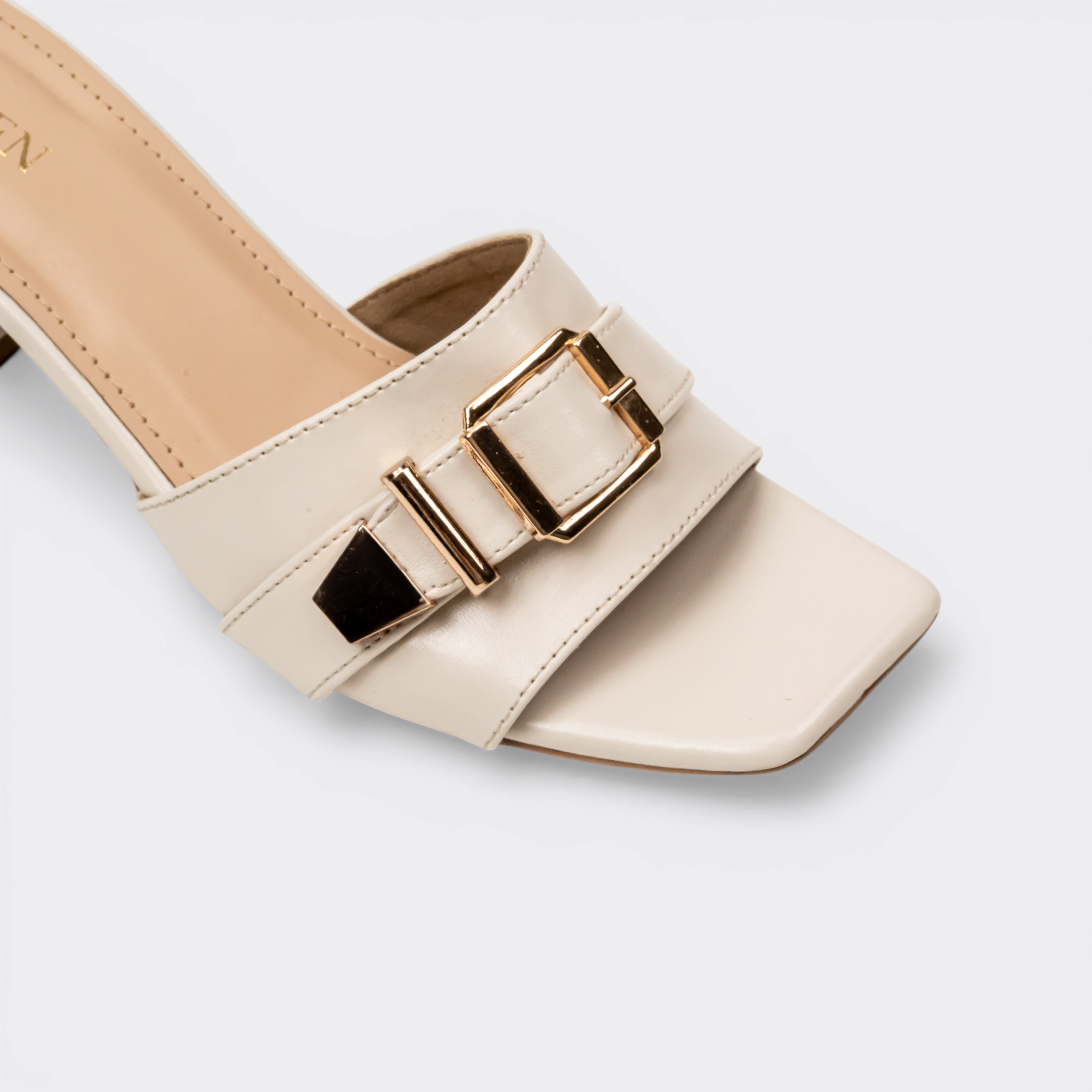 CHLLEN Ivory Buckle Strap Block Heels