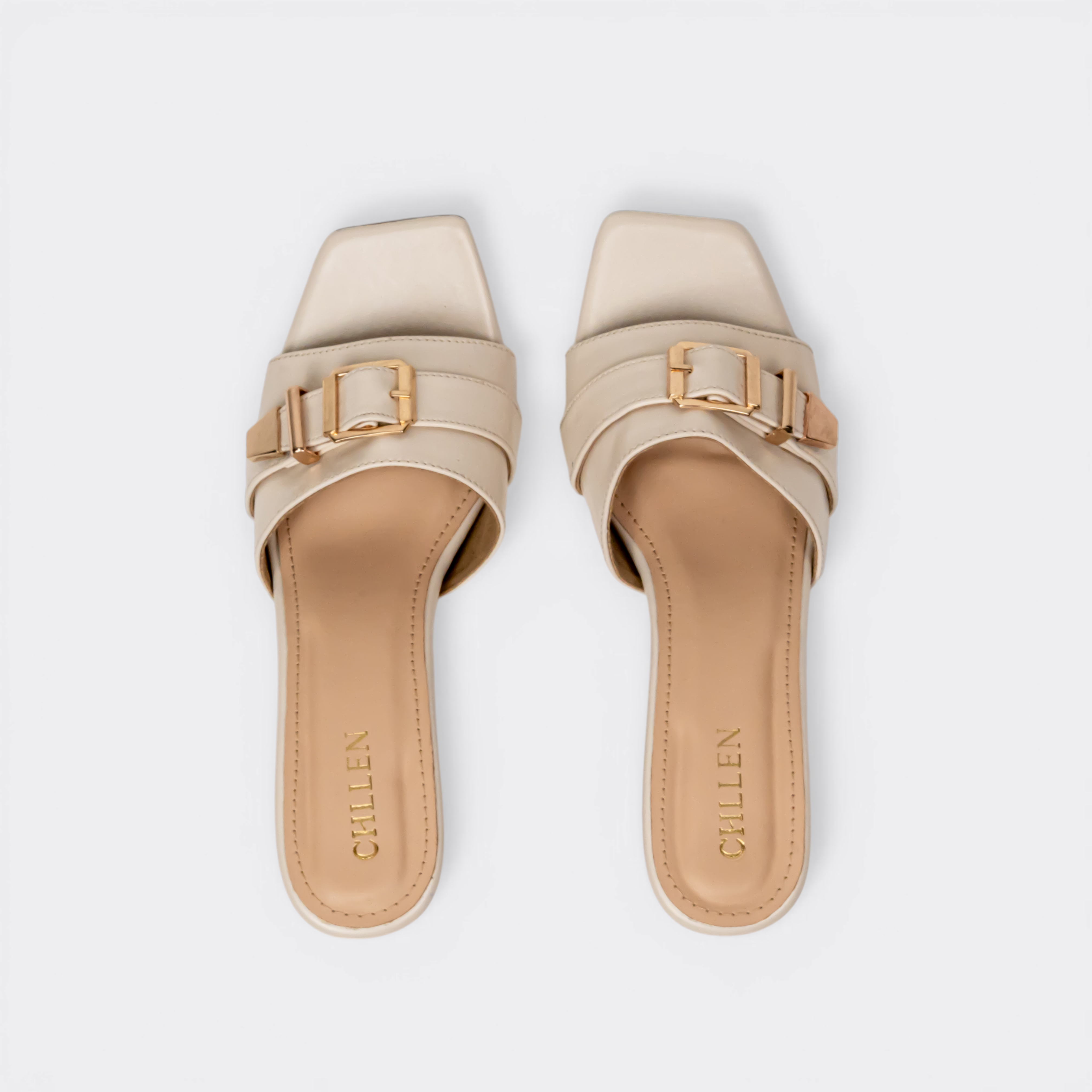 CHLLEN Ivory Buckle Strap Block Heels