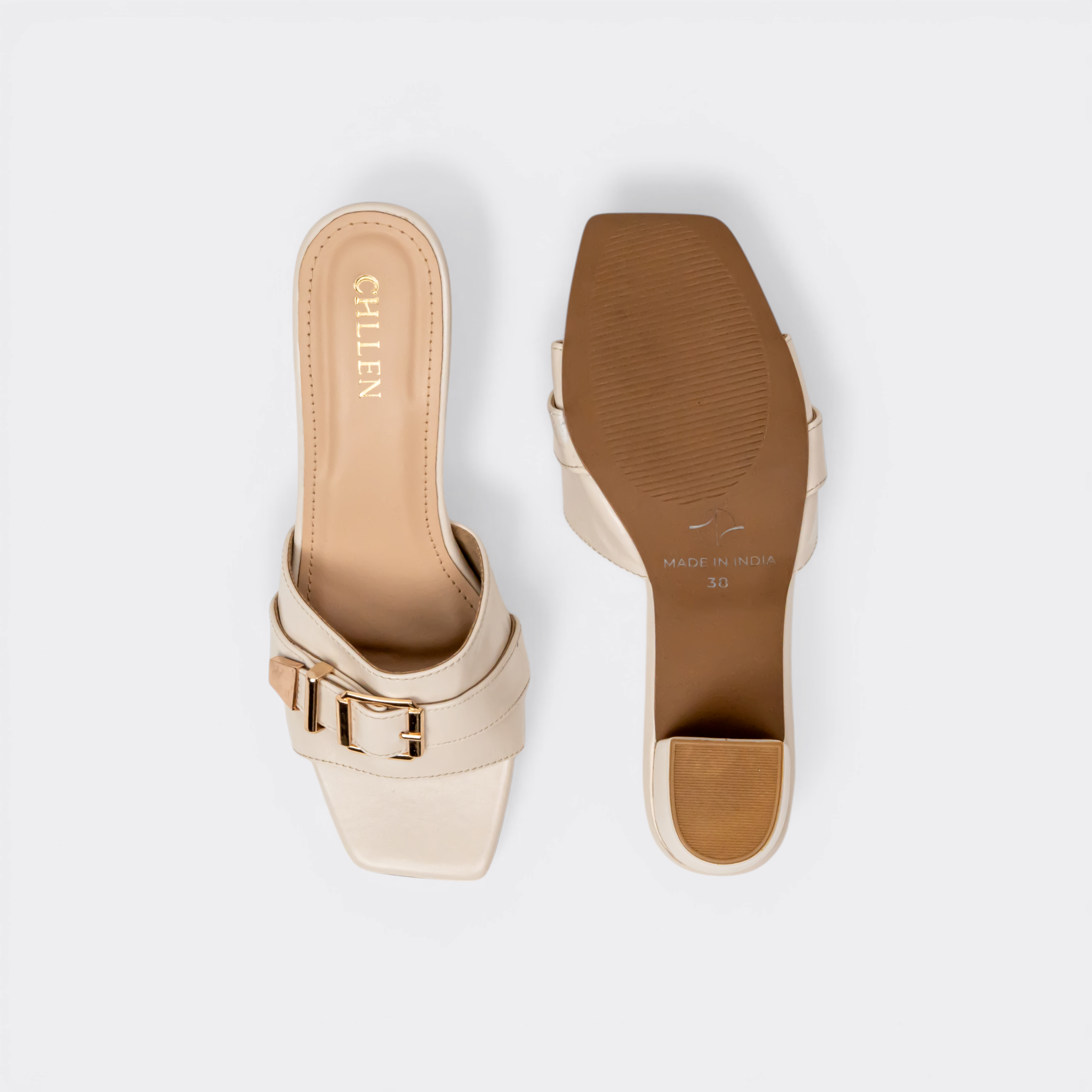 CHLLEN Ivory Buckle Strap Block Heels