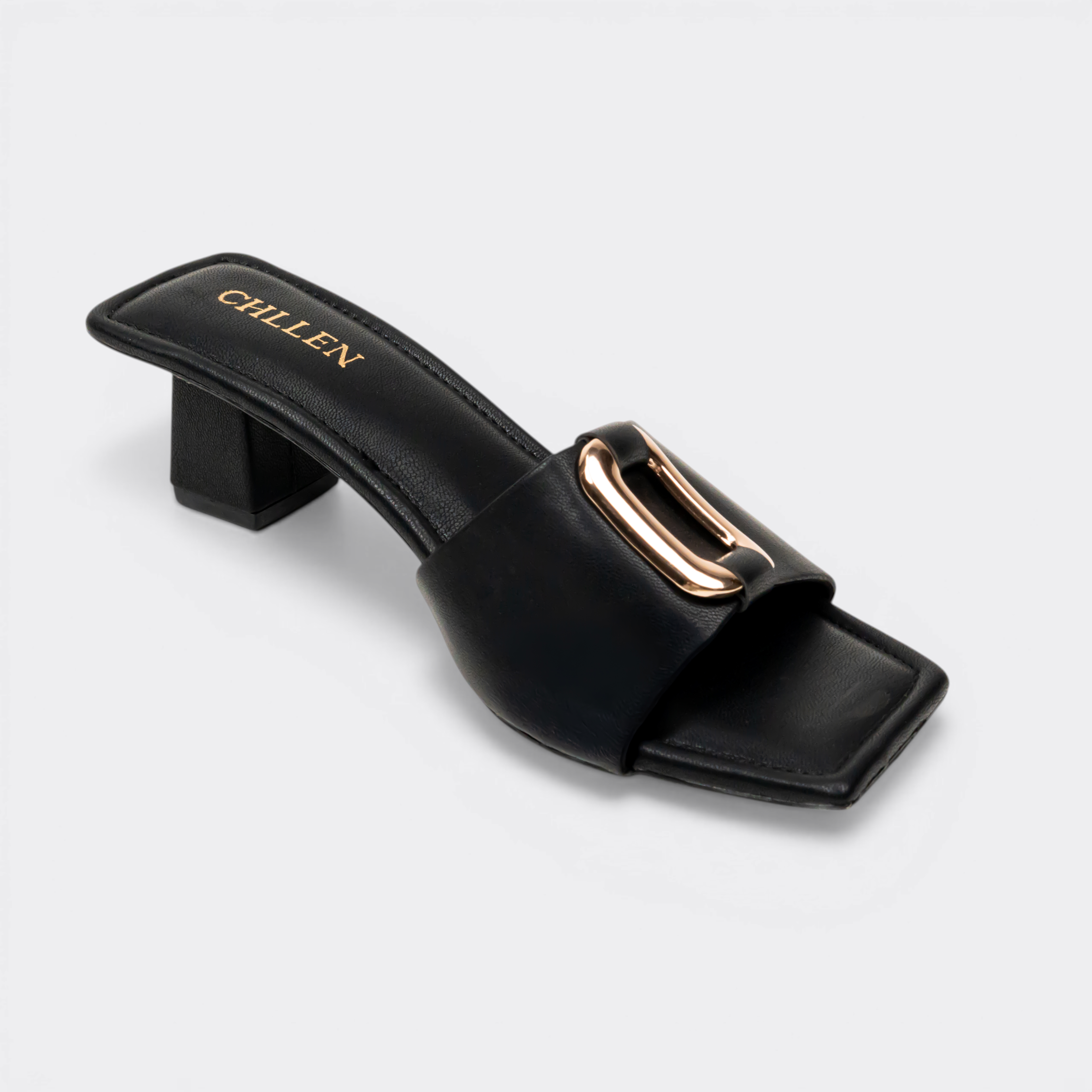 CHLLEN Noir Gold Accent Strap Heels