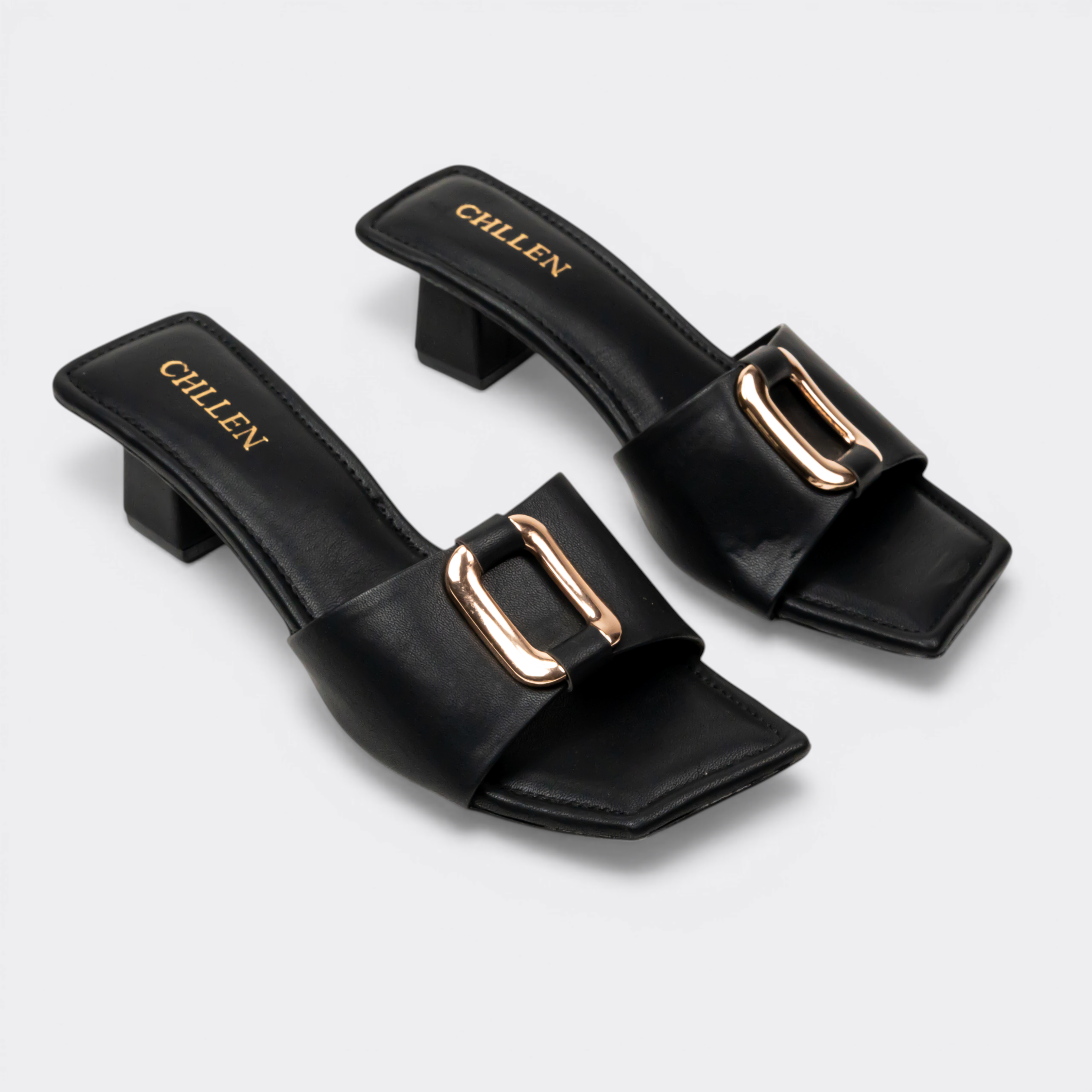 CHLLEN Noir Gold Accent Strap Heels