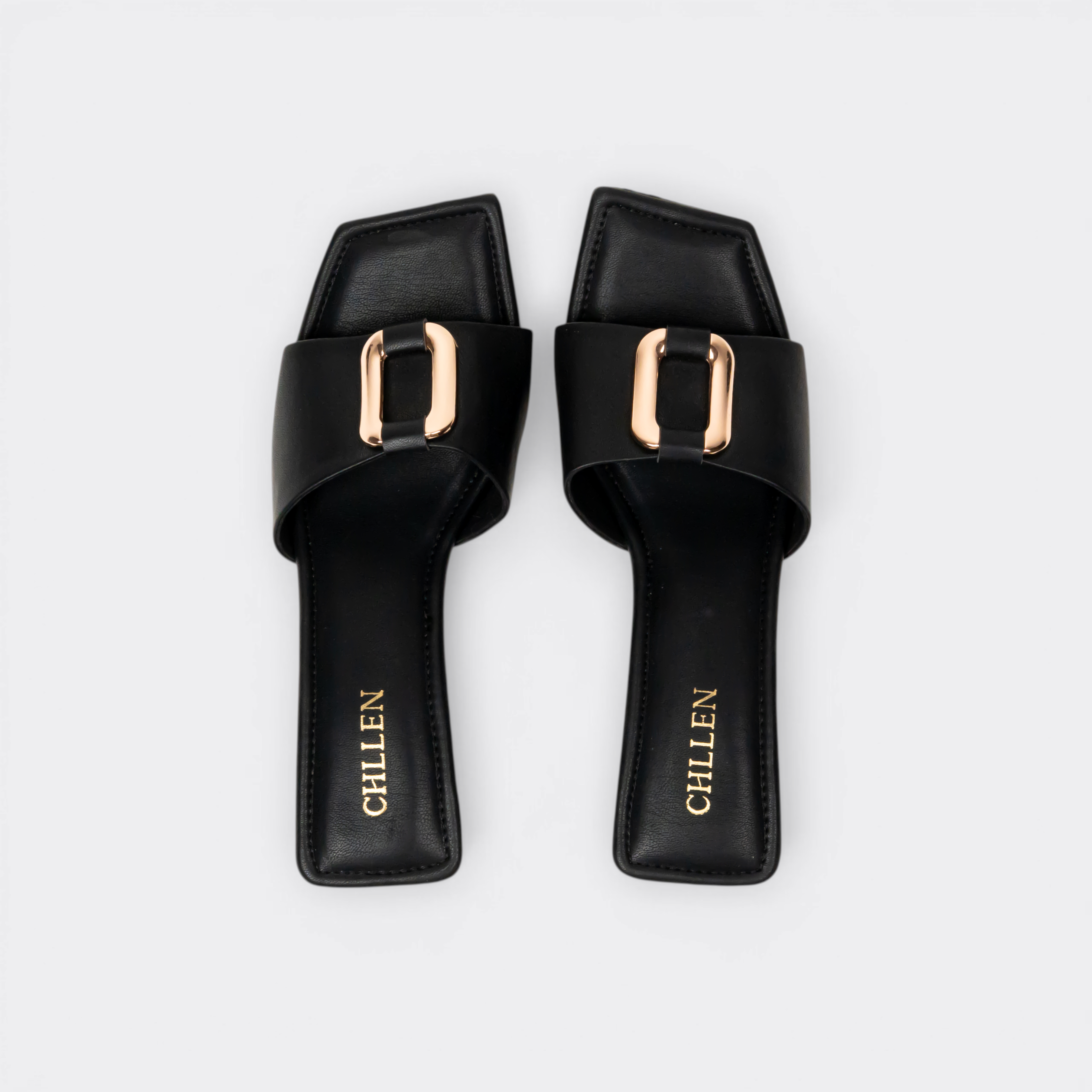 CHLLEN Noir Gold Accent Strap Heels