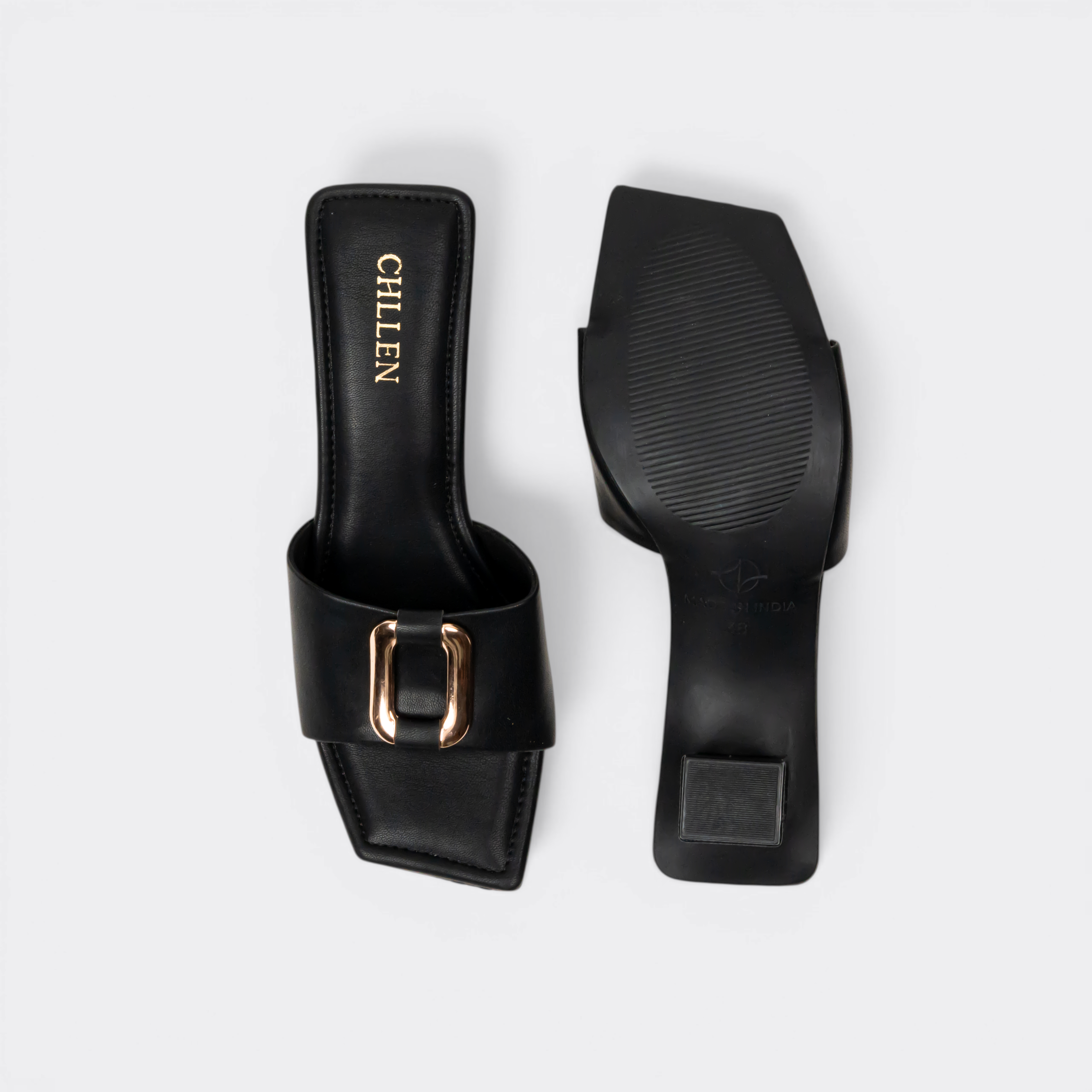 CHLLEN Noir Gold Accent Strap Heels