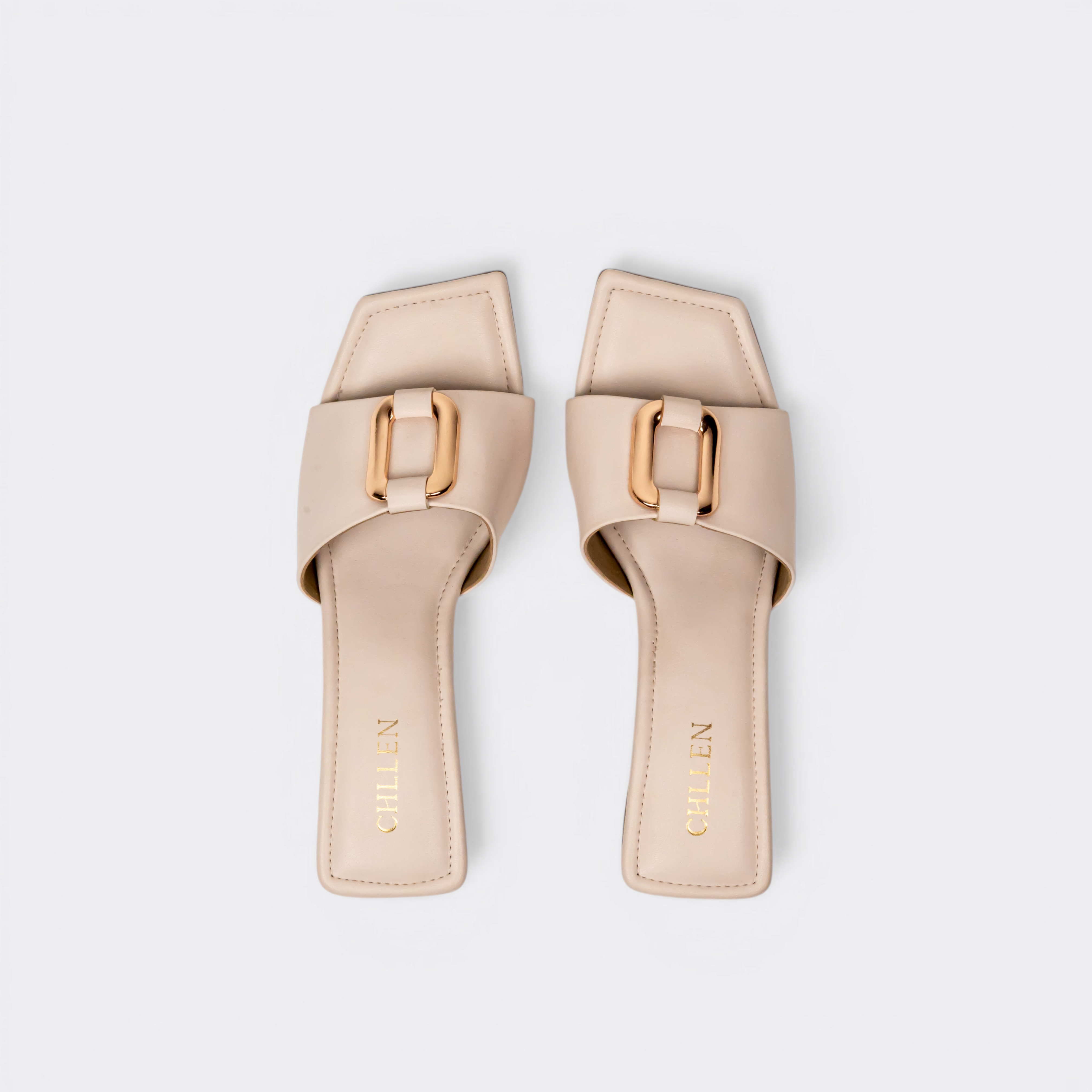 CHLLEN Nude Gold-Link Strap Block Heels