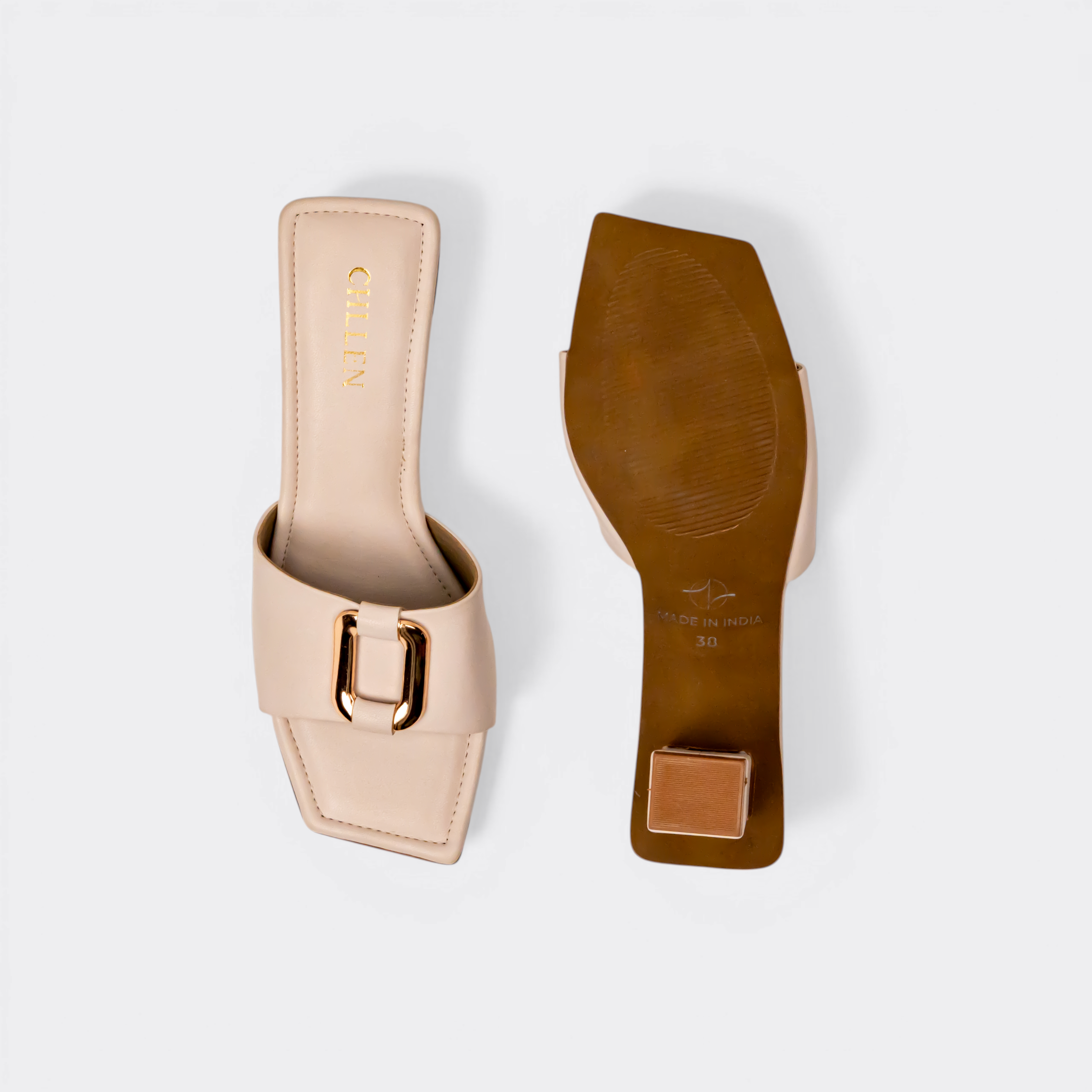 CHLLEN Nude Gold-Link Strap Block Heels