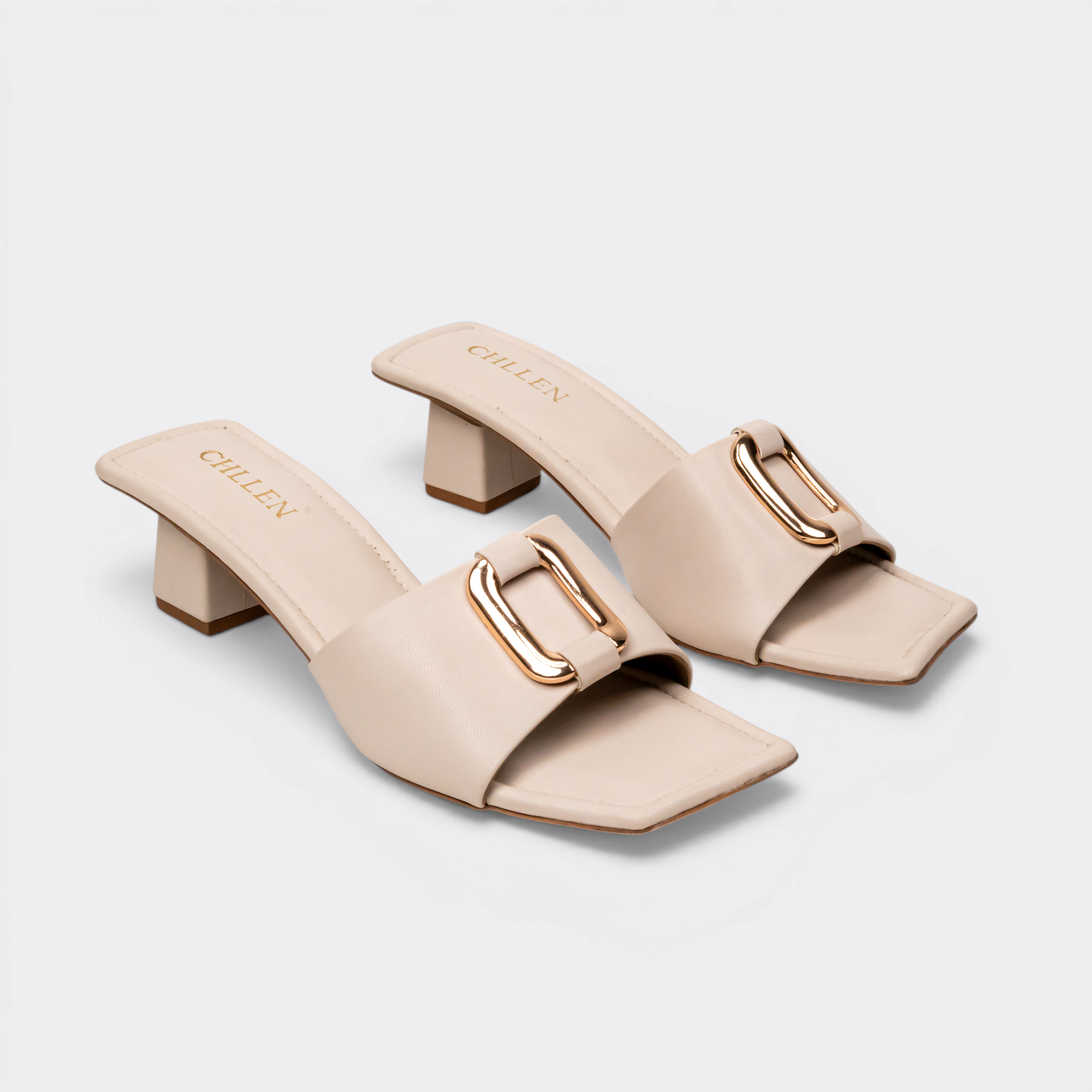 CHLLEN Nude Gold-Link Strap Block Heels