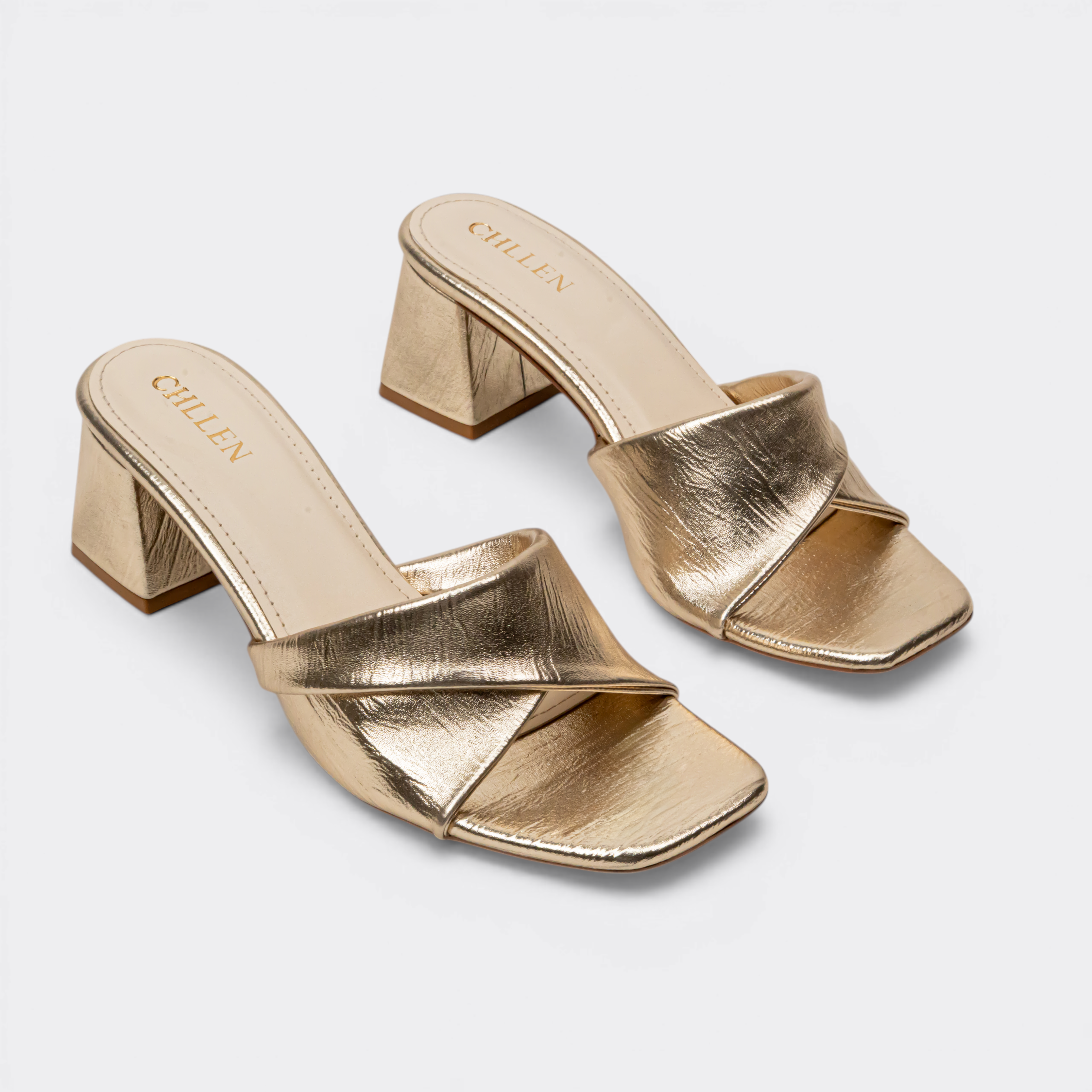 CHLLEN Gold Cross Strap Block Heels