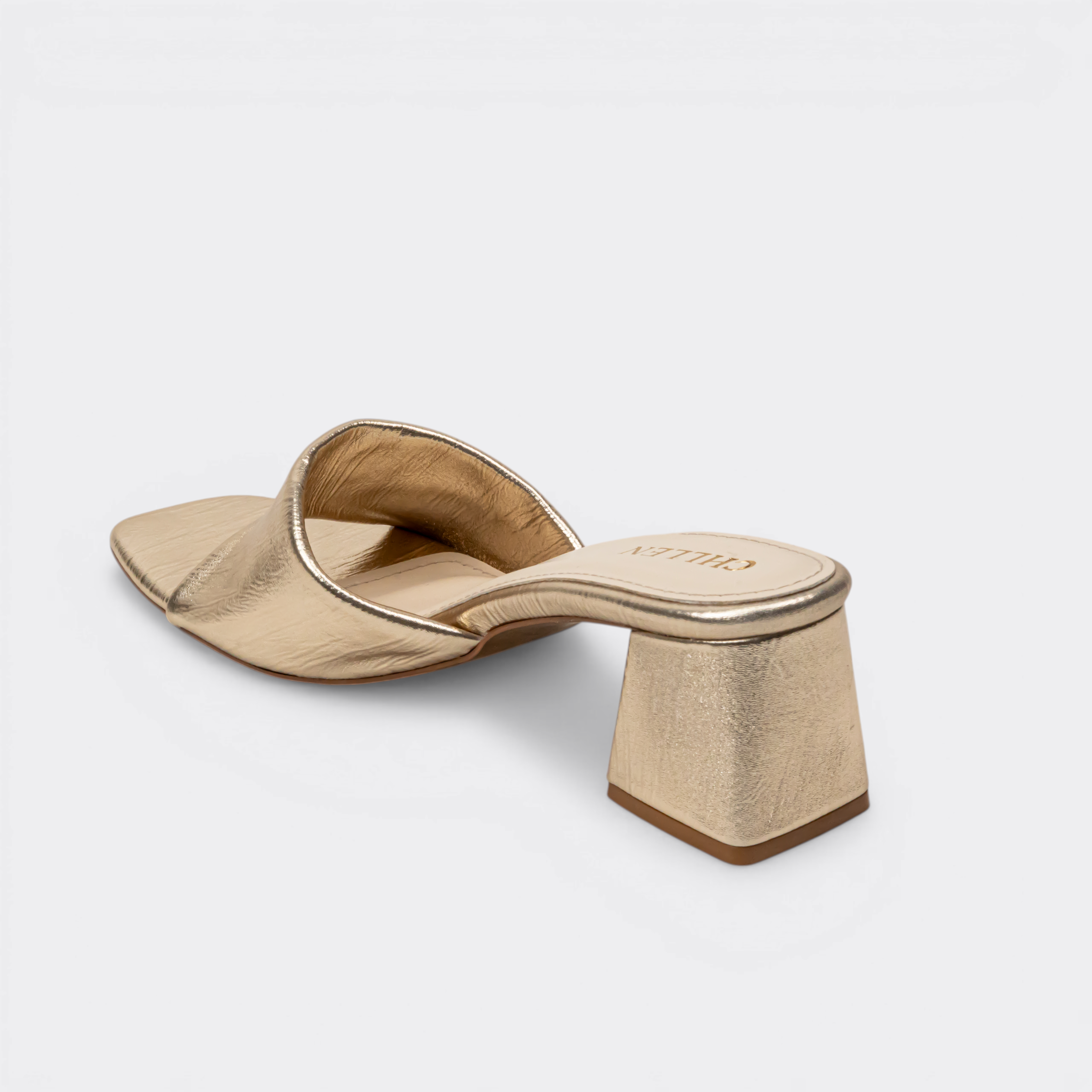 CHLLEN Gold Cross Strap Block Heels