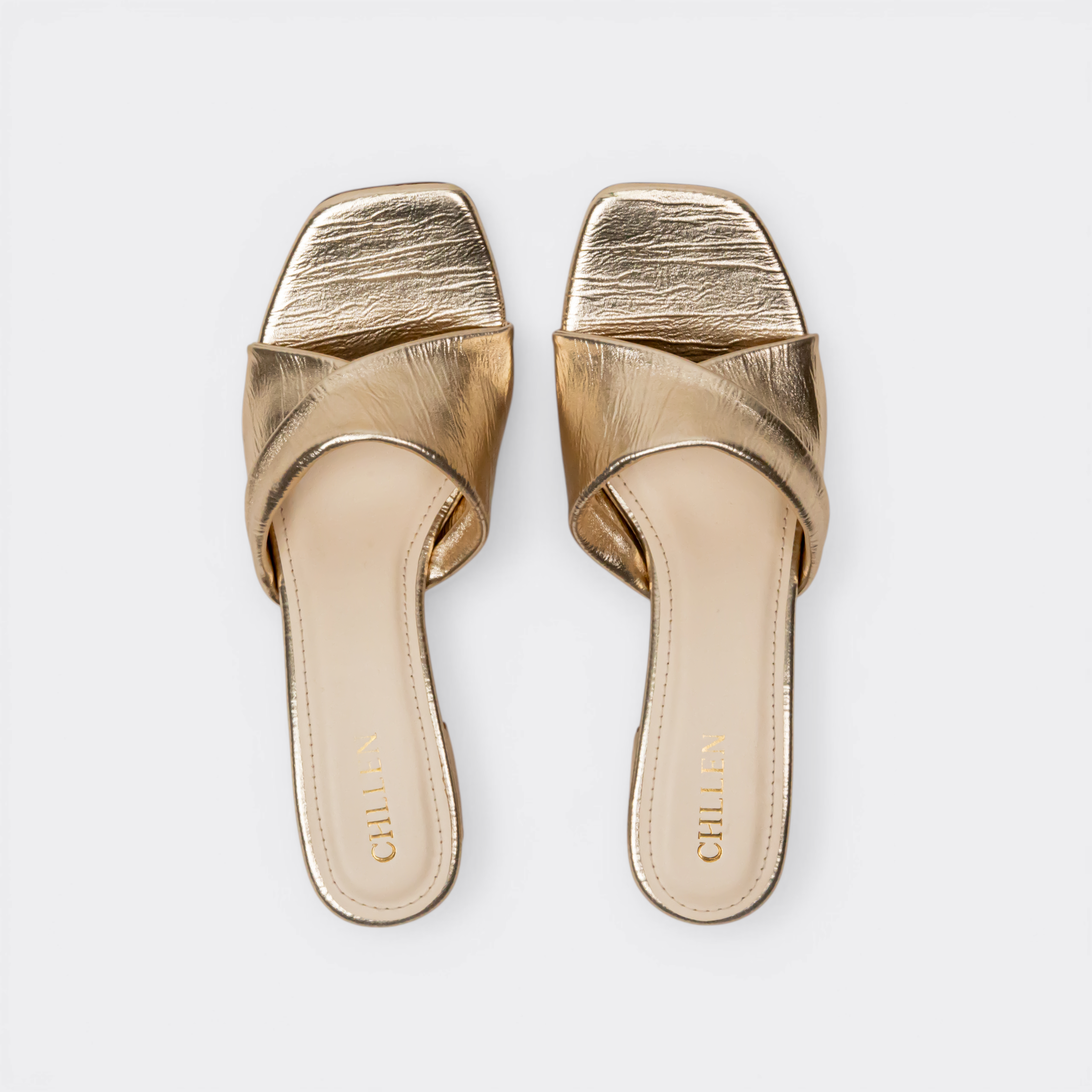 CHLLEN Gold Cross Strap Block Heels