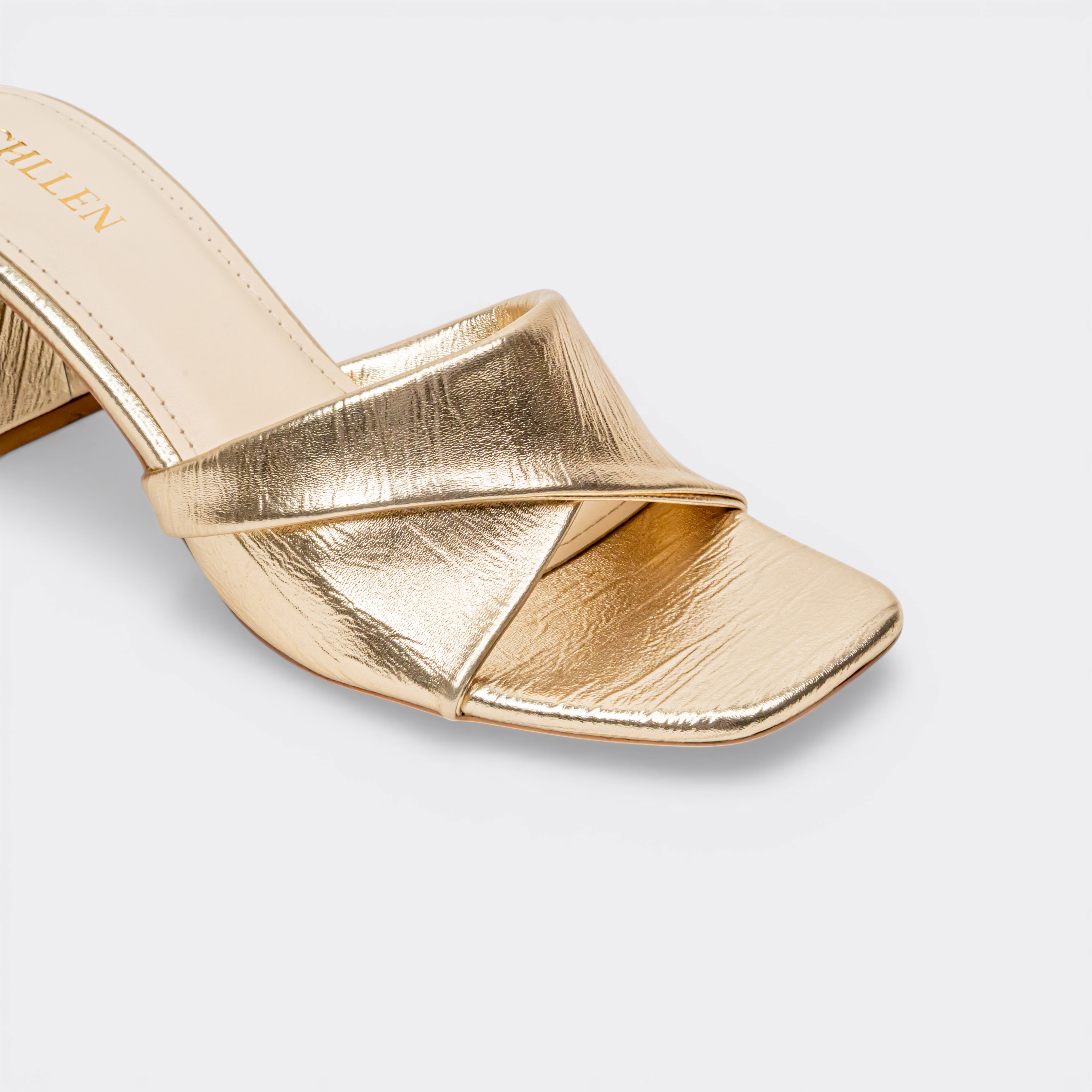 CHLLEN Gold Cross Strap Block Heels