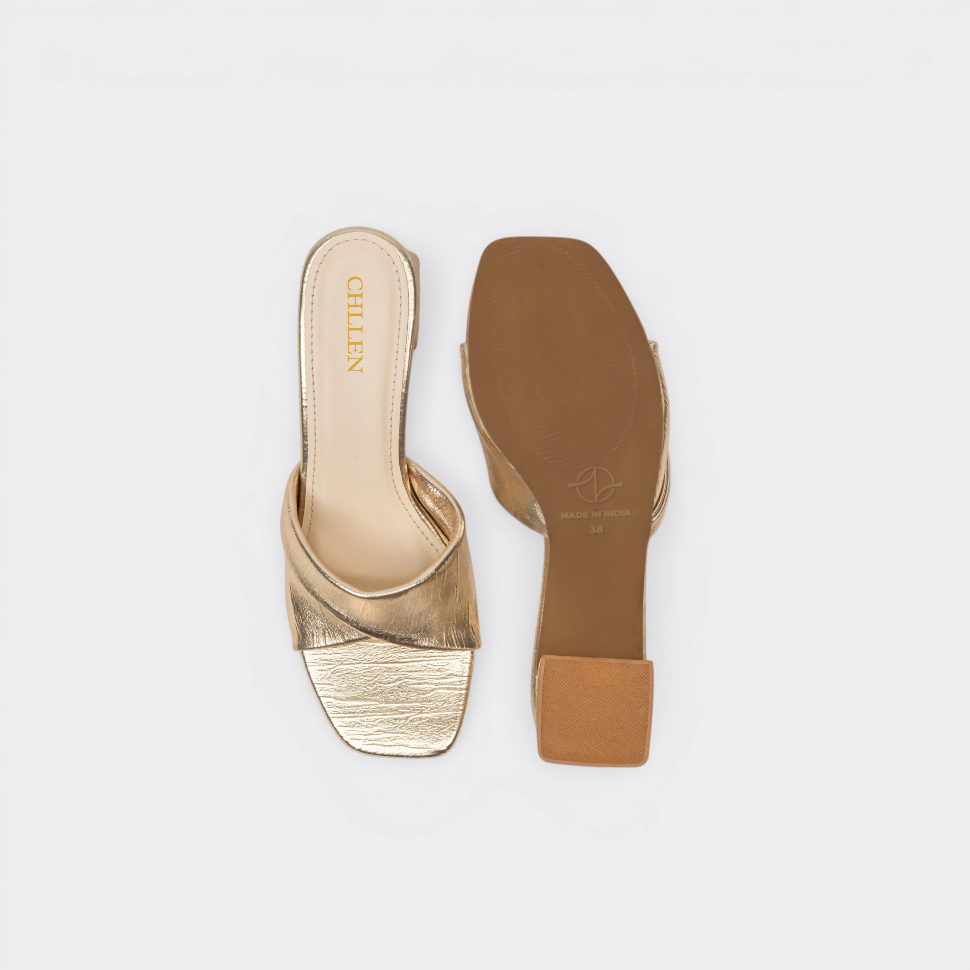 CHLLEN Gold Cross Strap Block Heels