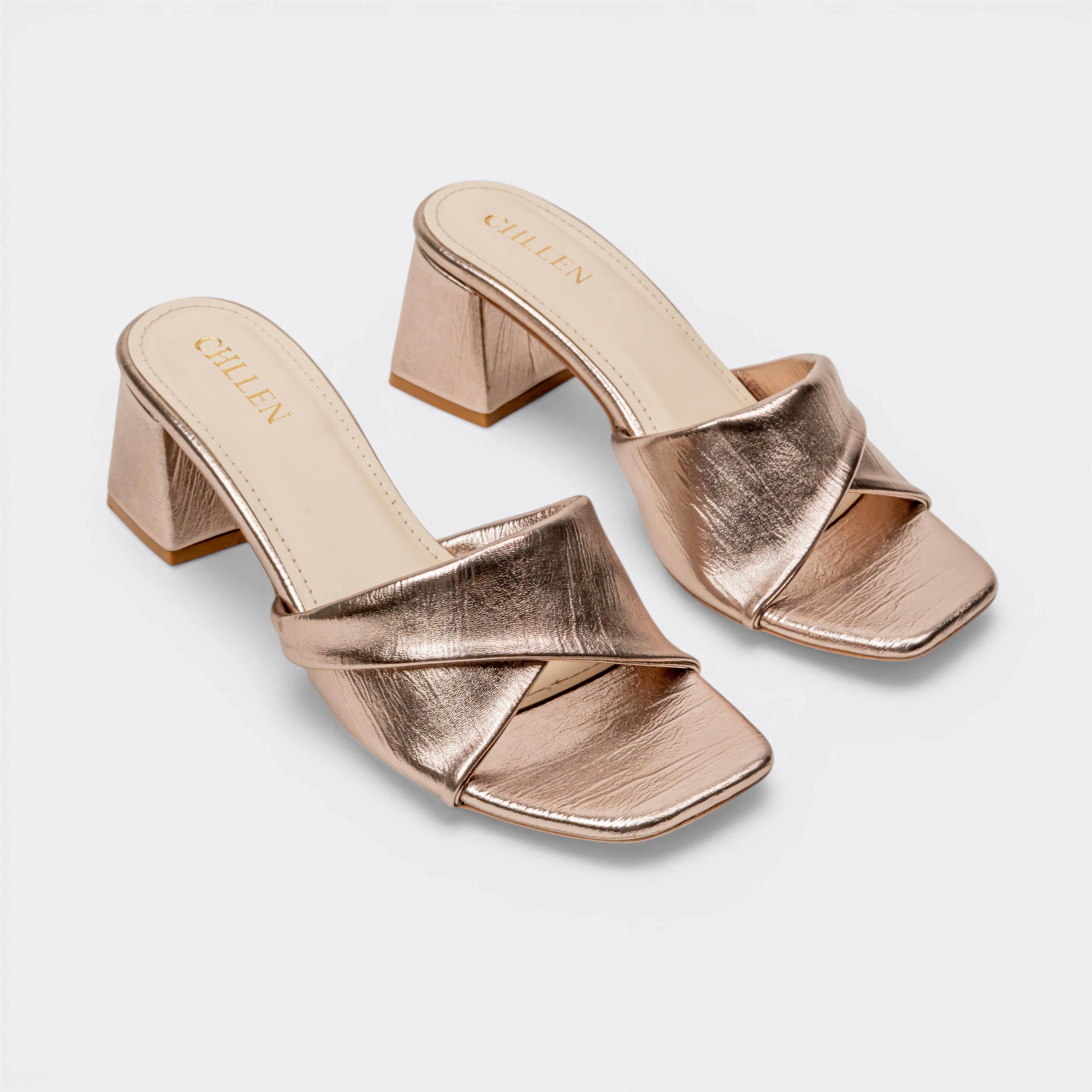 CHLLEN Rose Gold Cross Strap Block Heels