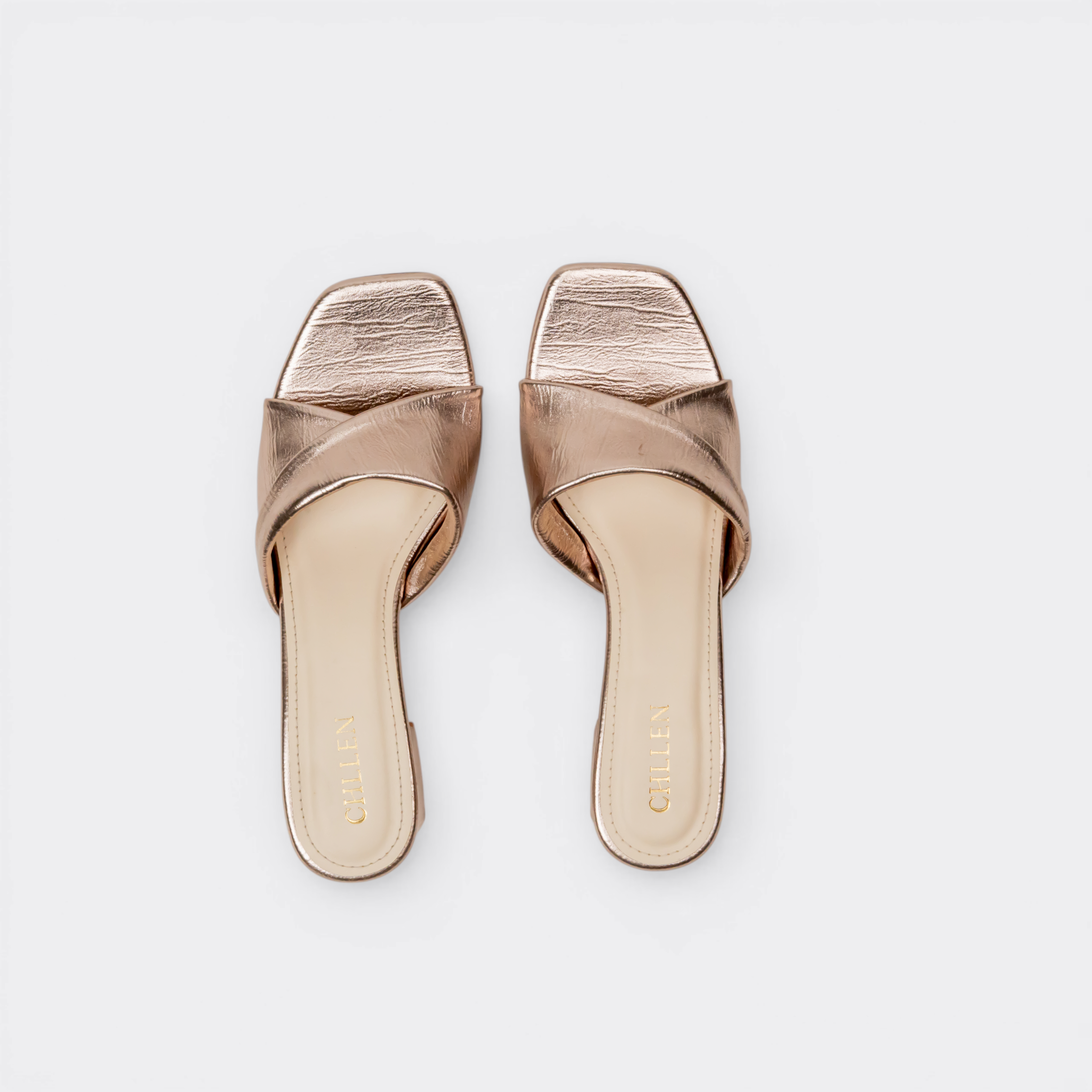 CHLLEN Rose Gold Cross Strap Block Heels