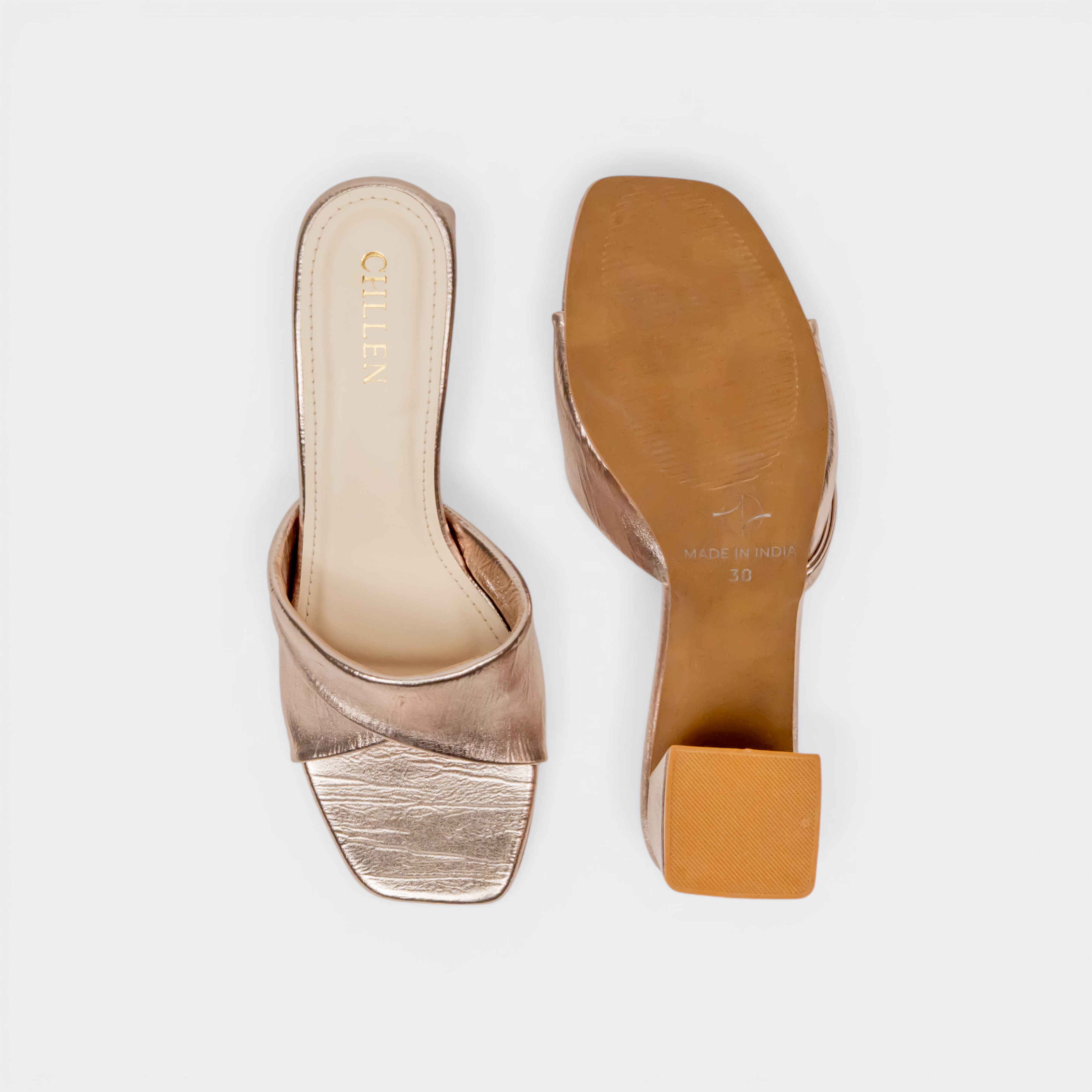 CHLLEN Rose Gold Cross Strap Block Heels