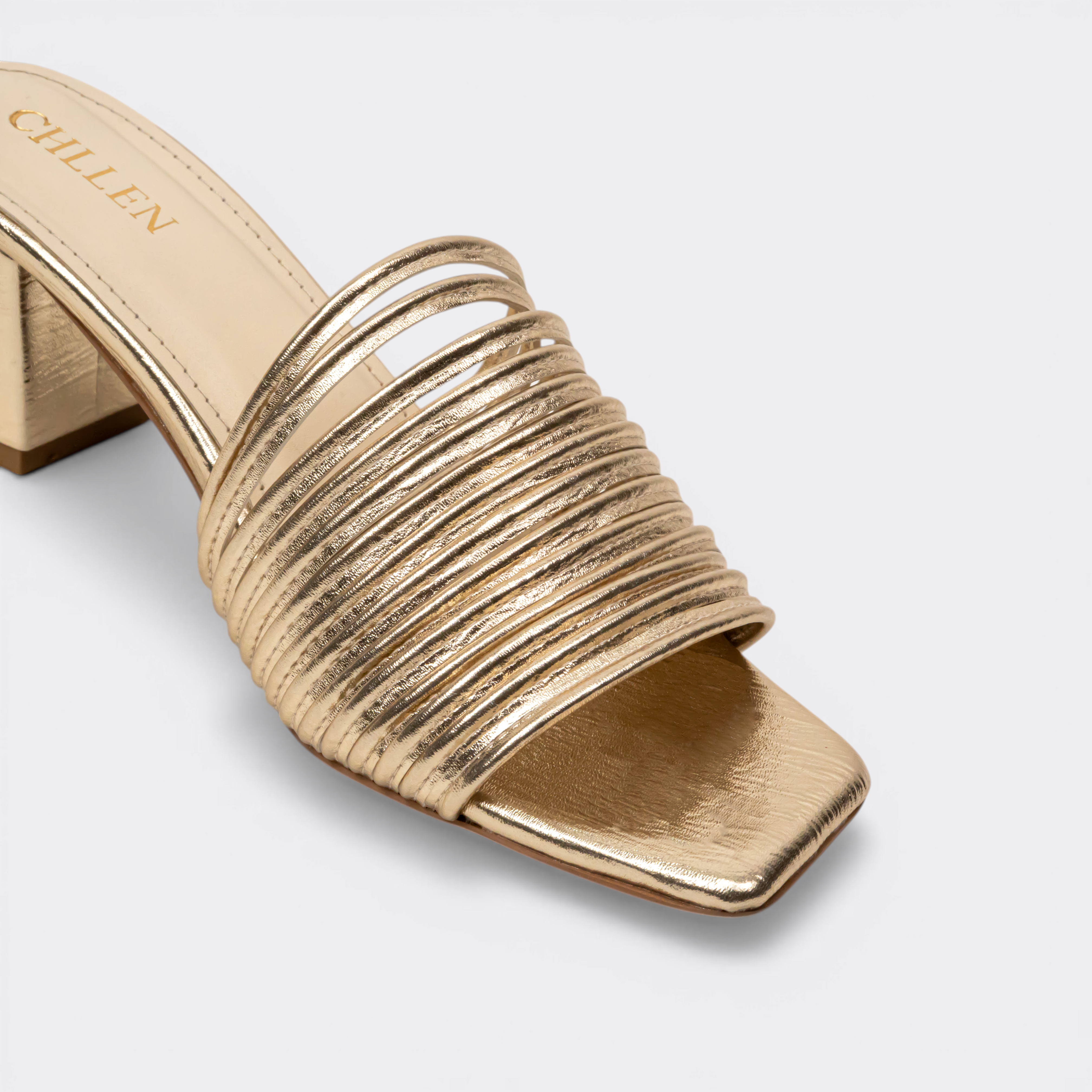 CHLLEN Gold Multi-Strap Block Heels