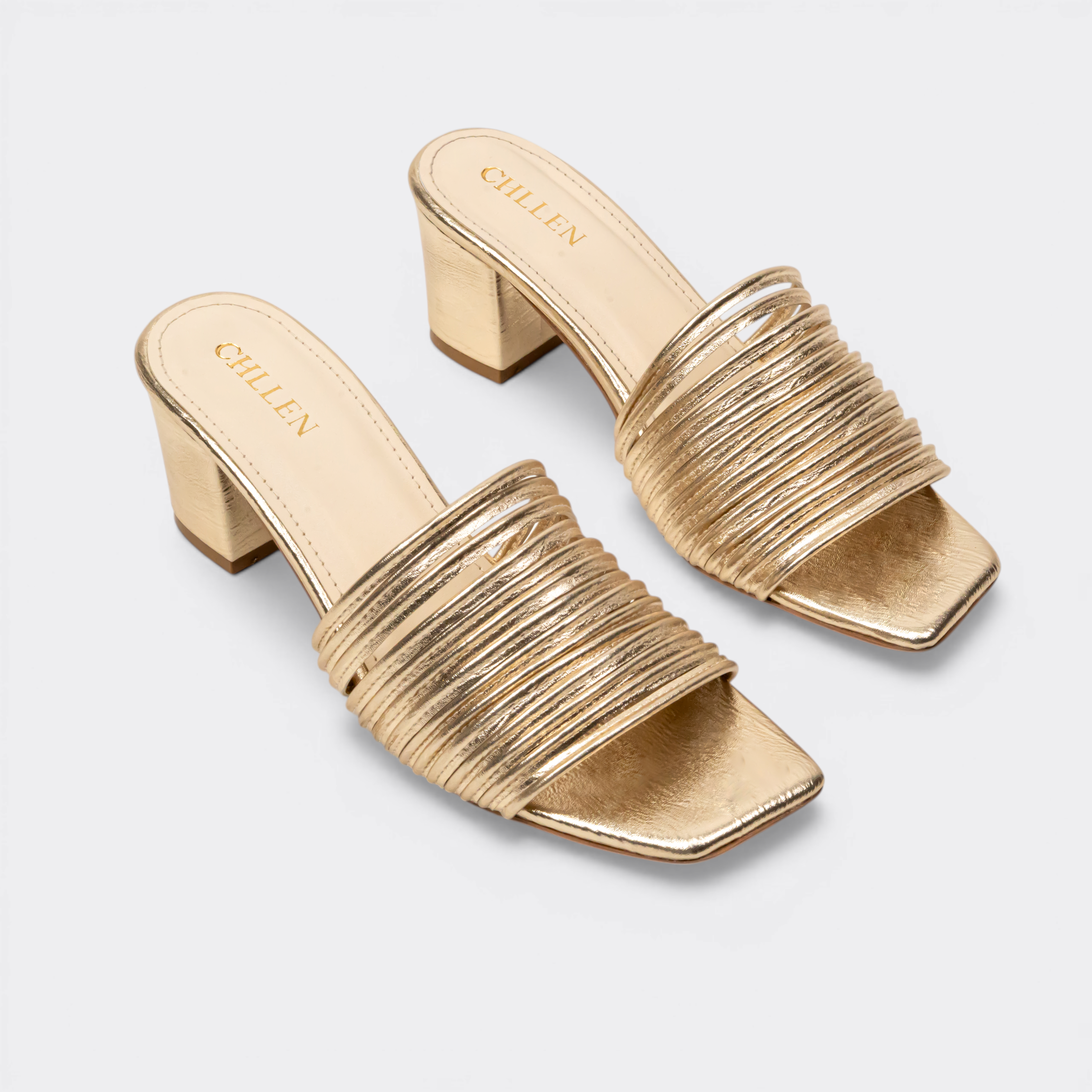 CHLLEN Gold Multi-Strap Block Heels