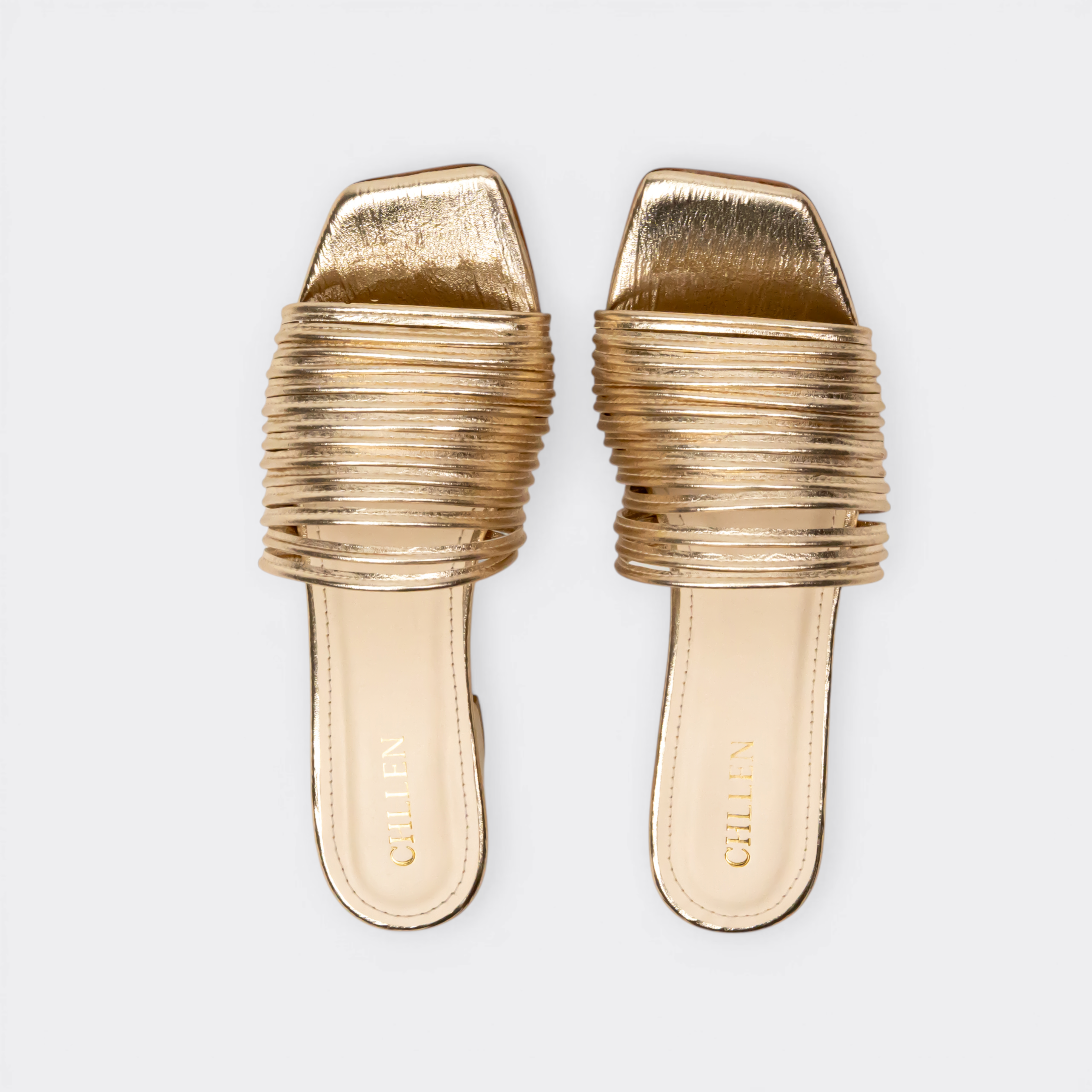 CHLLEN Gold Multi-Strap Block Heels