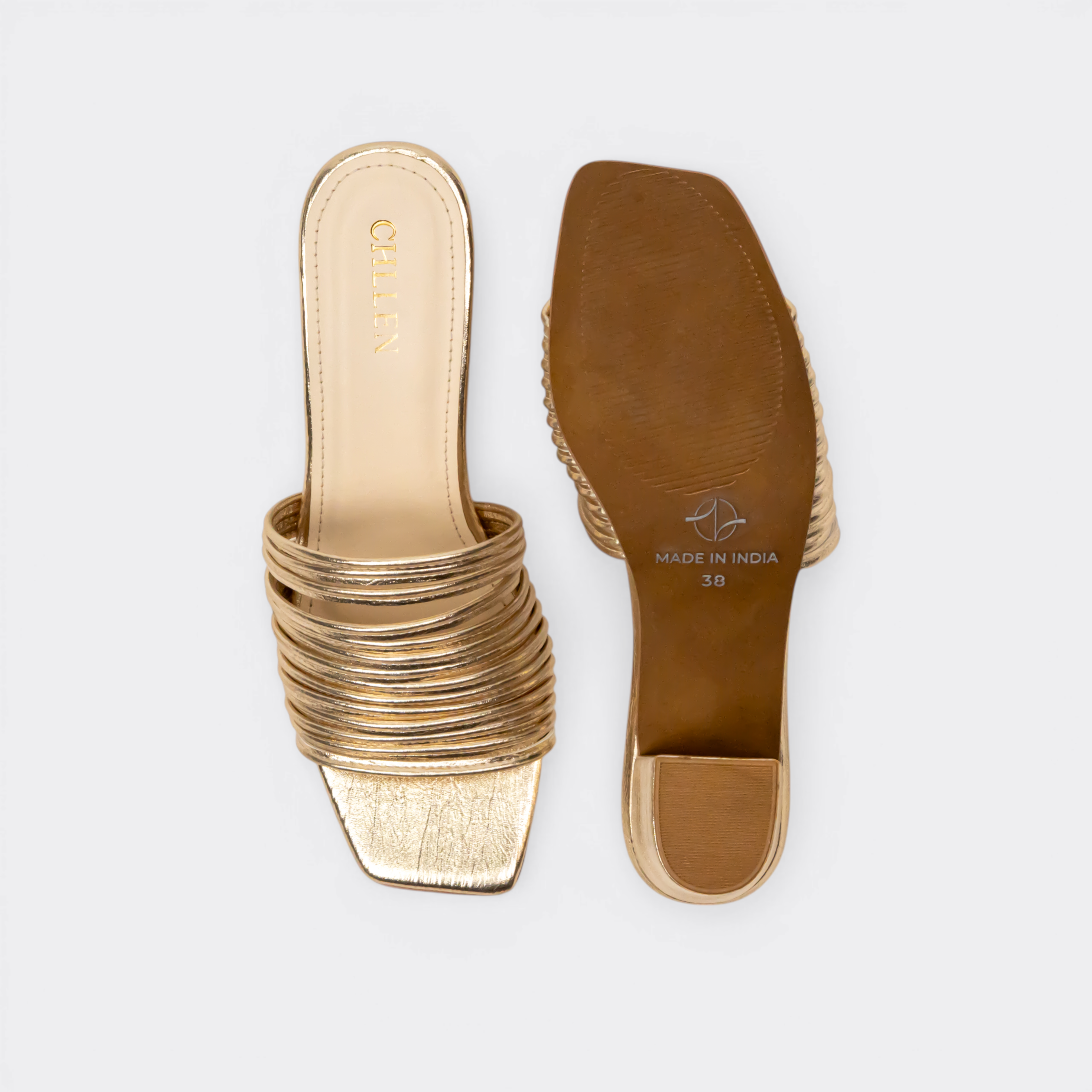 CHLLEN Gold Multi-Strap Block Heels