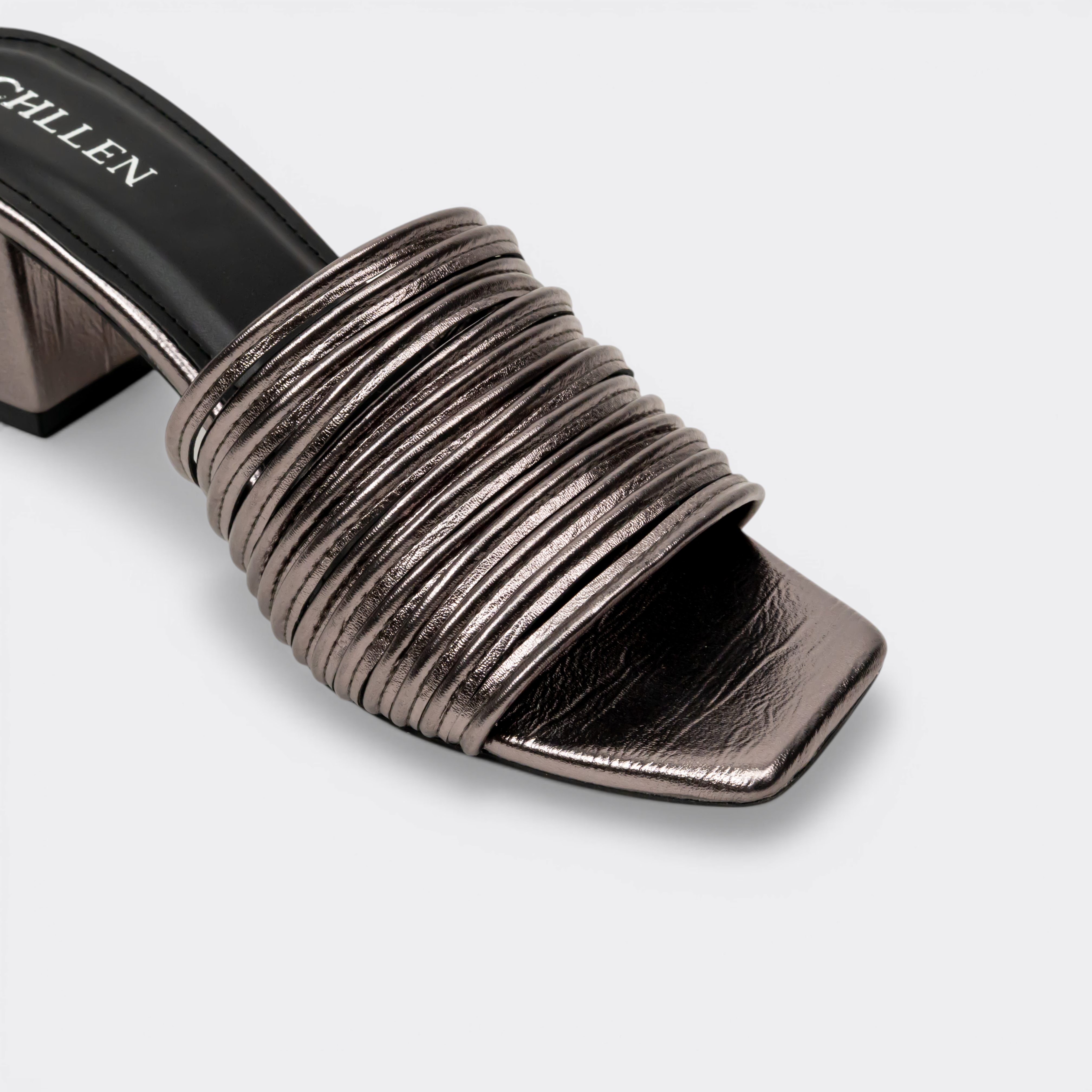 CHLLEN Gunmetal Multi-Strap Block Heels