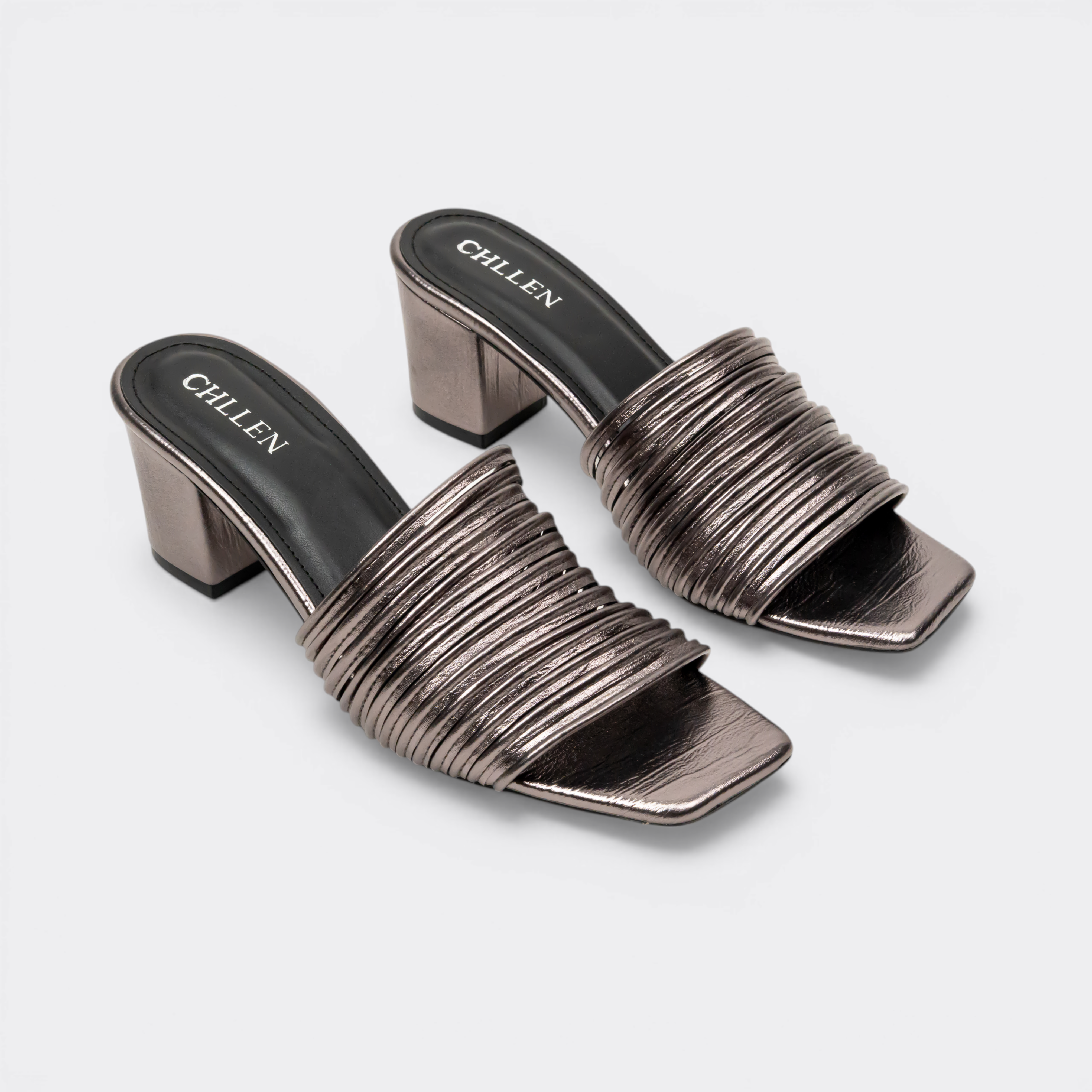 CHLLEN Gunmetal Multi-Strap Block Heels