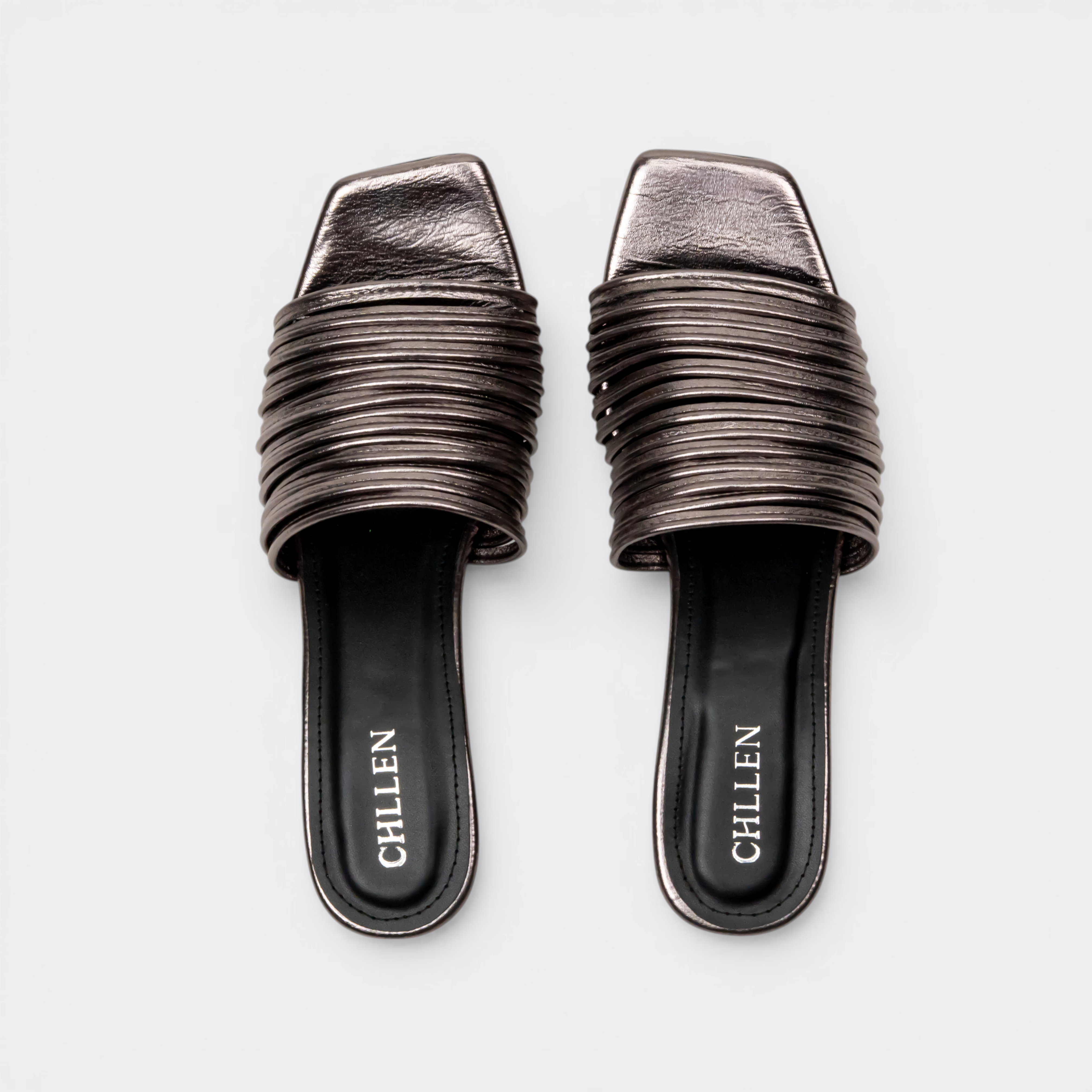 CHLLEN Gunmetal Multi-Strap Block Heels