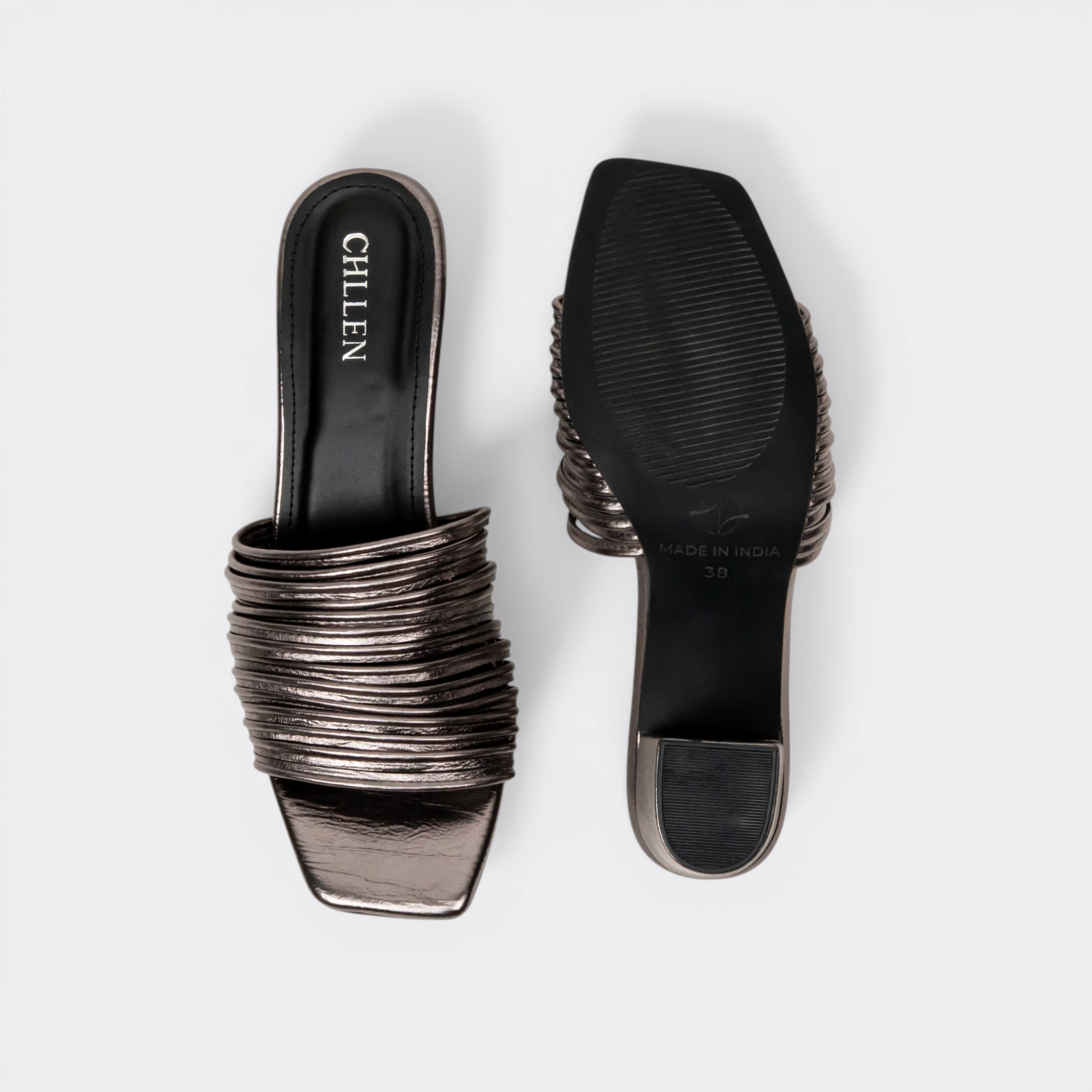 CHLLEN Gunmetal Multi-Strap Block Heels