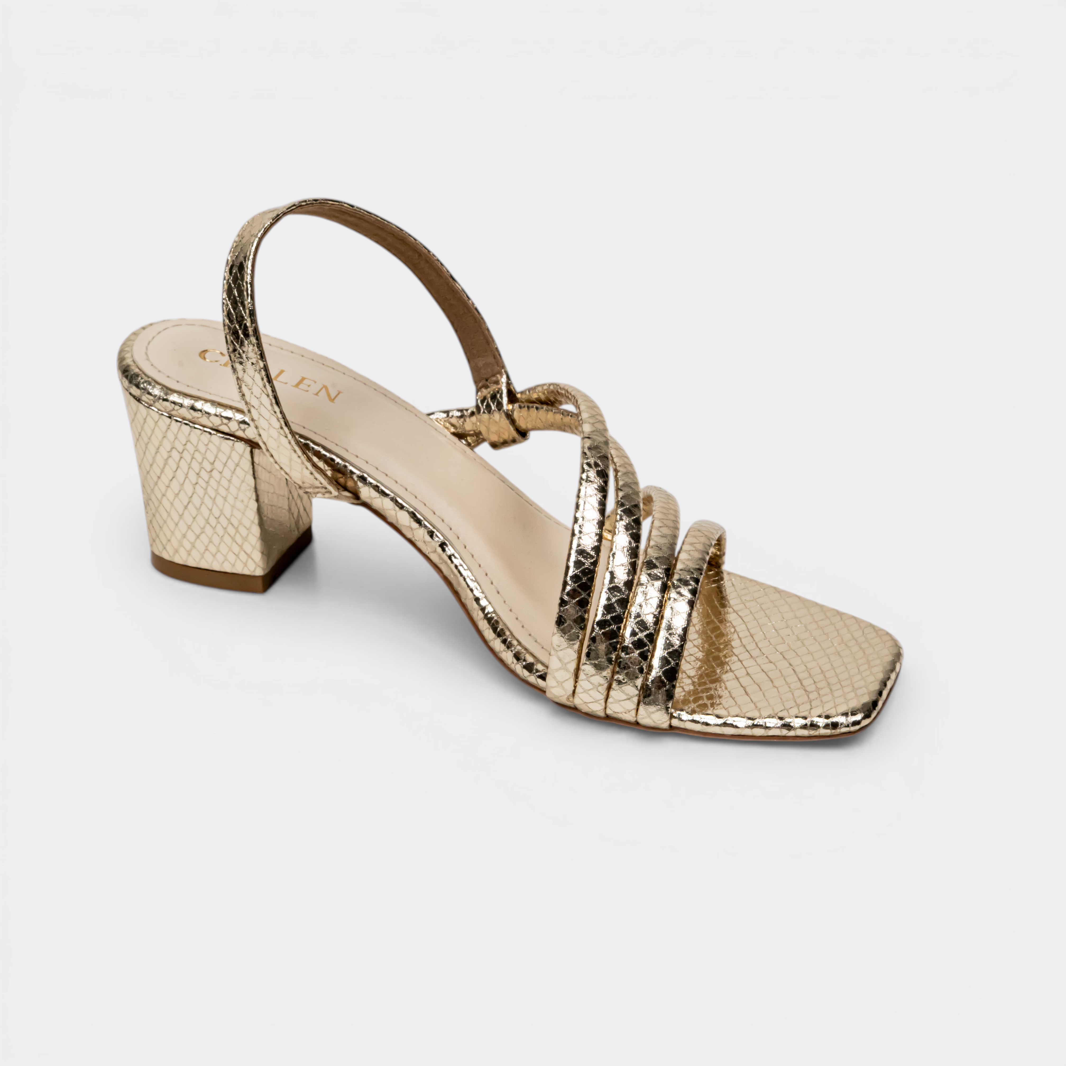 CHLLEN Gold Multi-Strap Slingback Block Heels