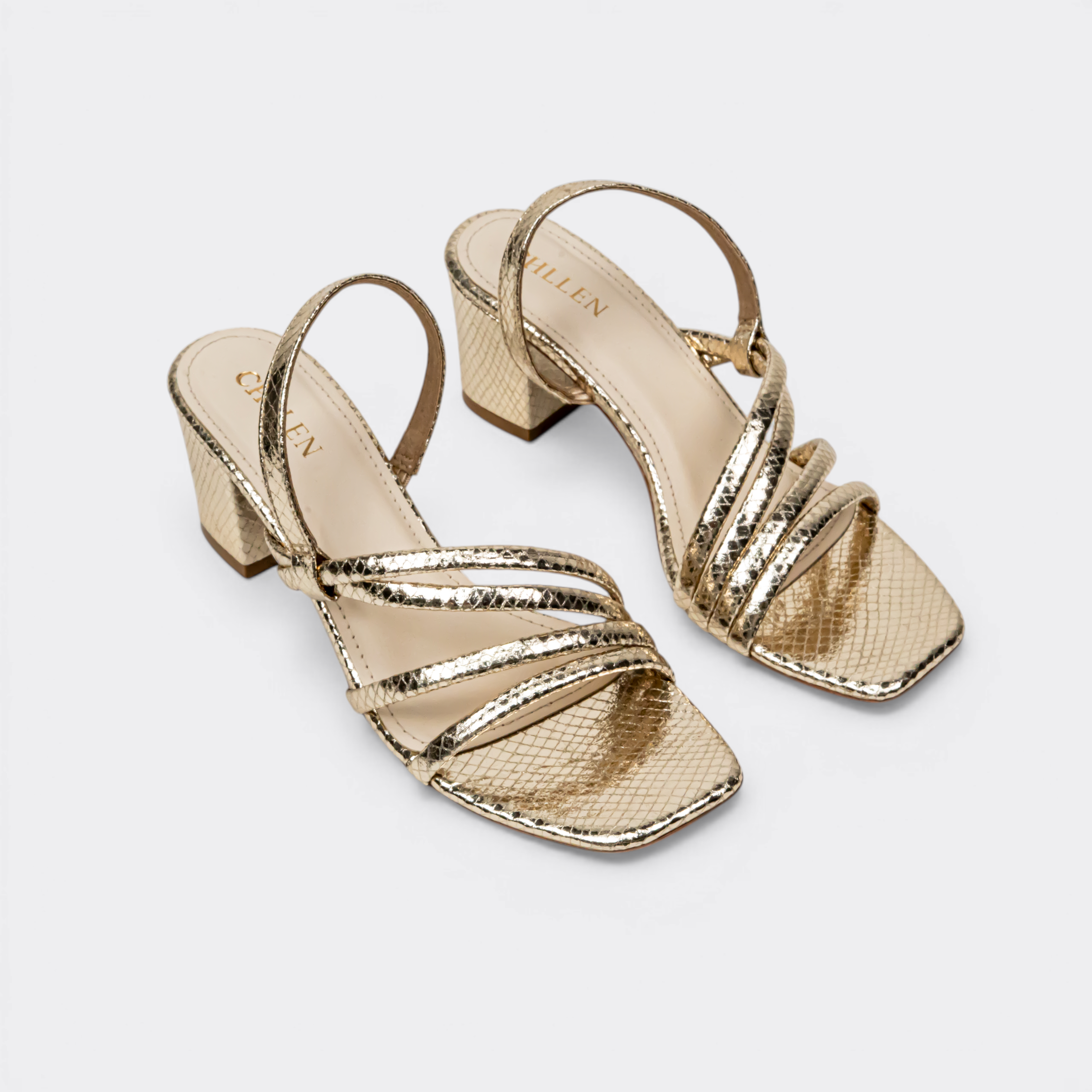 CHLLEN Gold Multi-Strap Slingback Block Heels