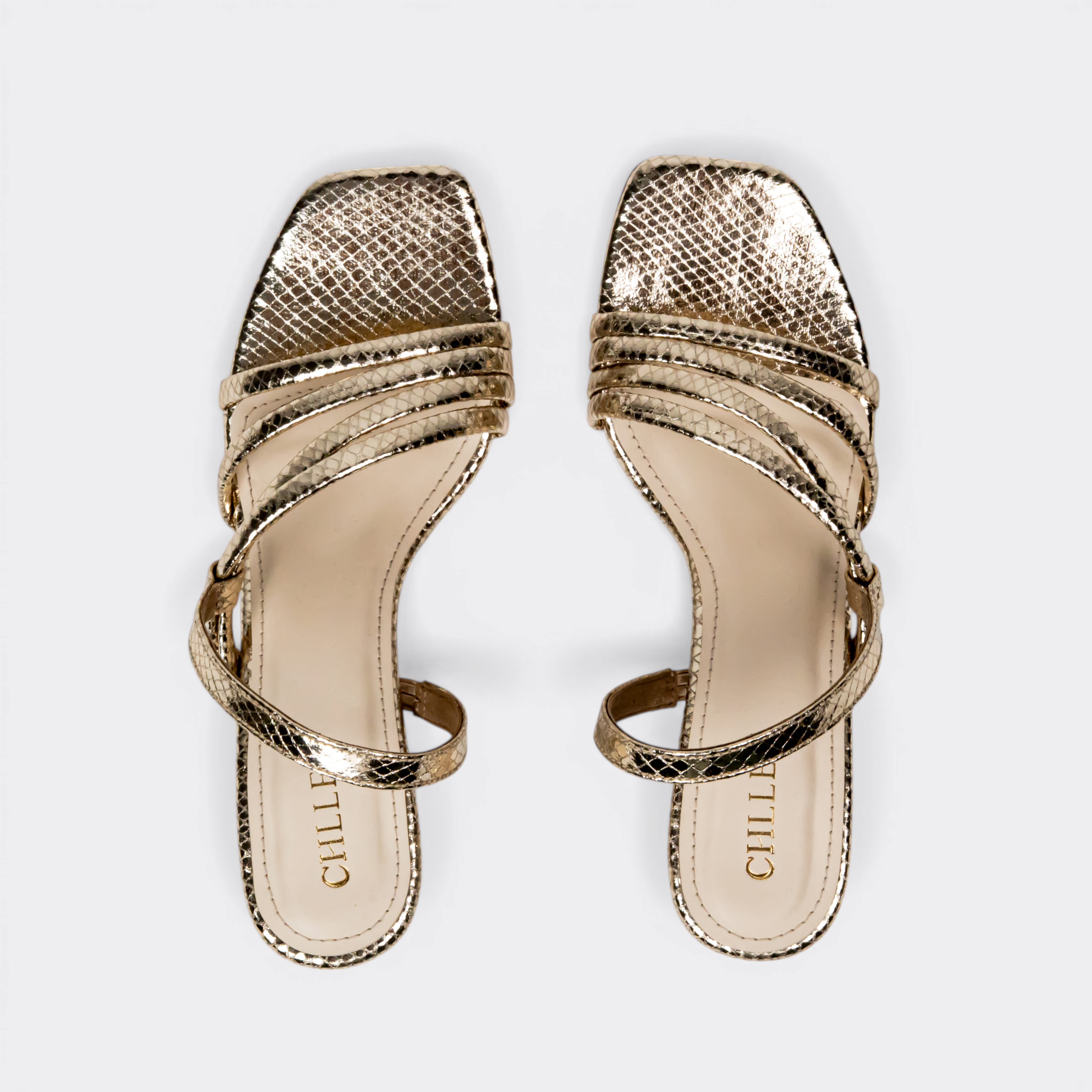 CHLLEN Gold Multi-Strap Slingback Block Heels