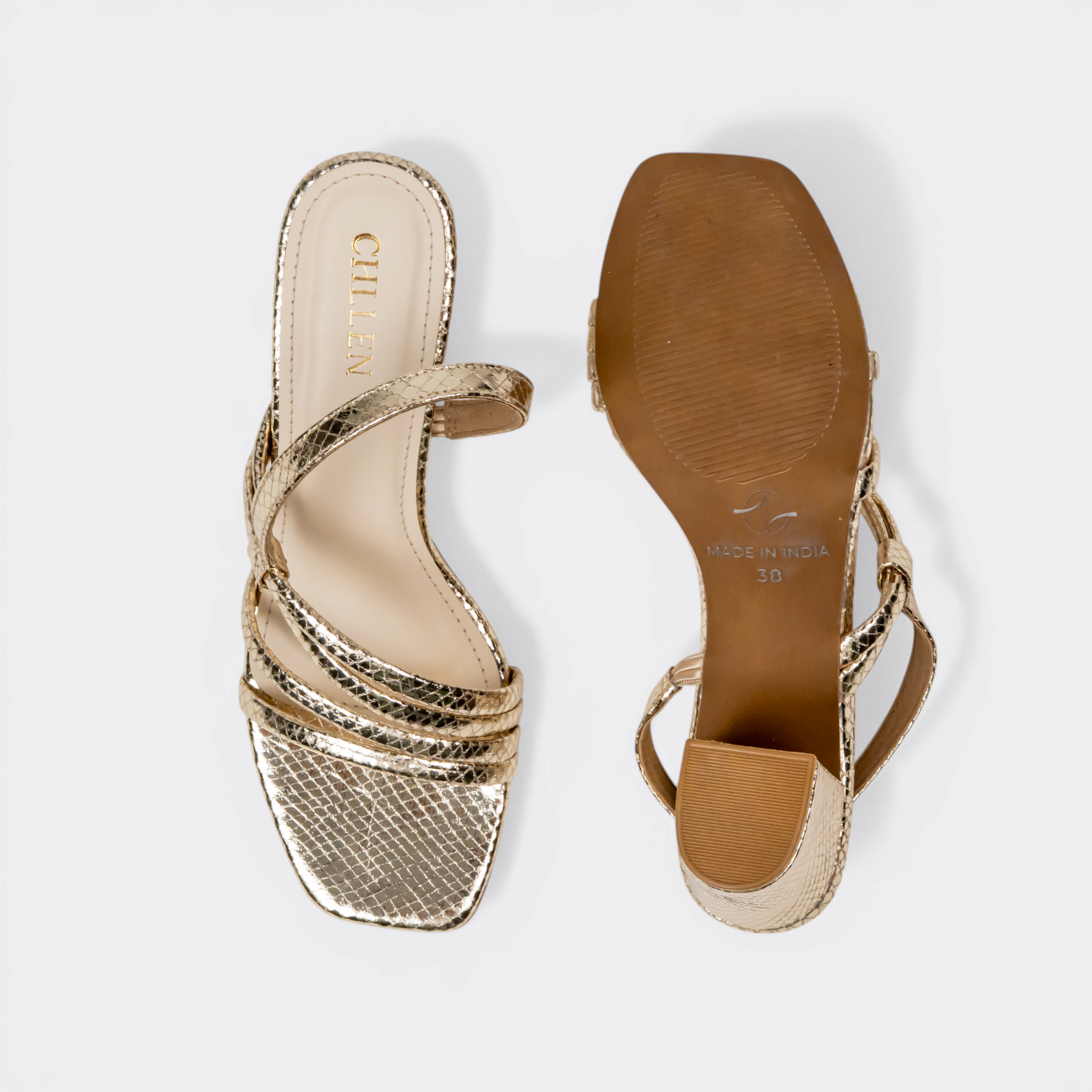 CHLLEN Gold Multi-Strap Slingback Block Heels