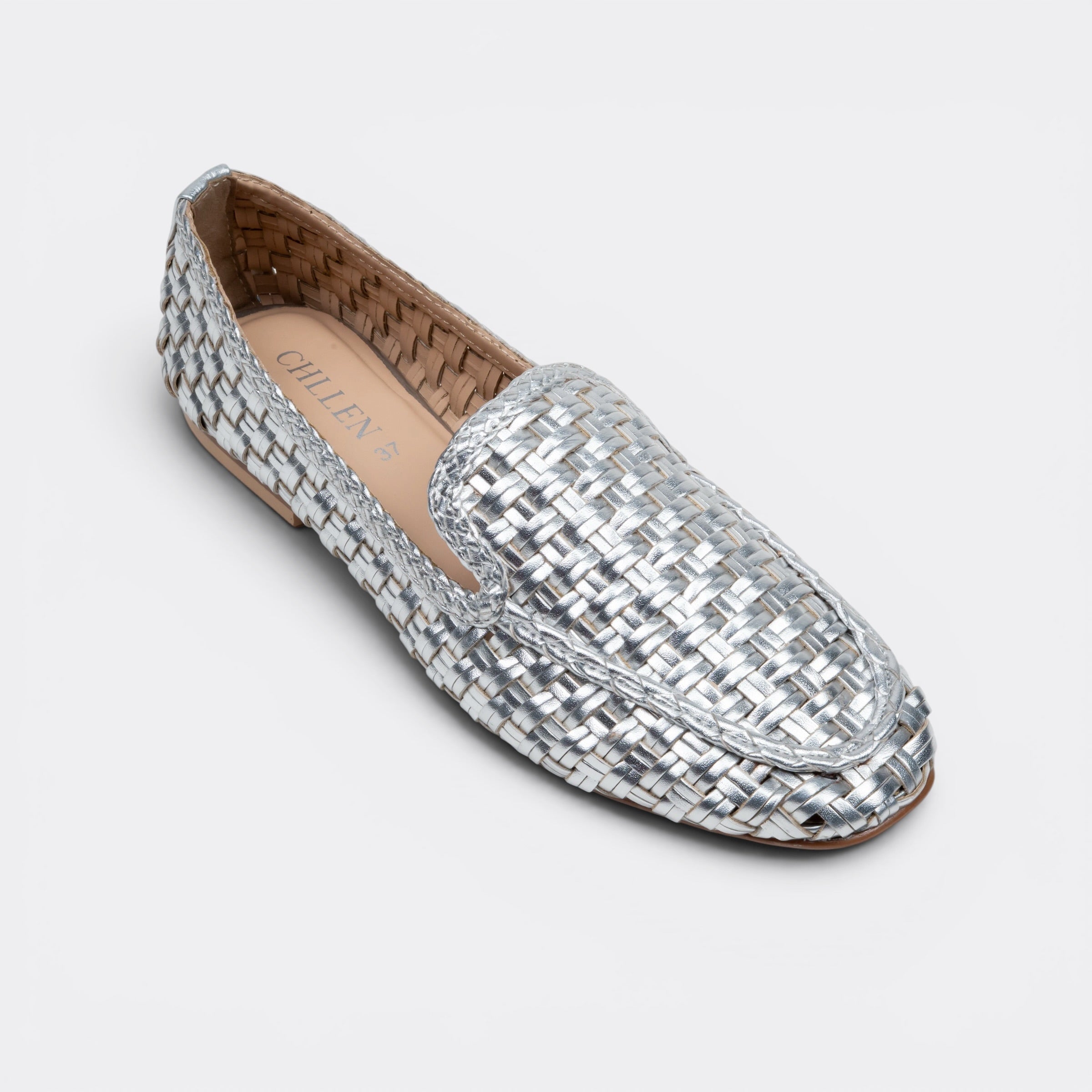 CHLLEN Celeste Woven Metallic Loafer Flats – Silver