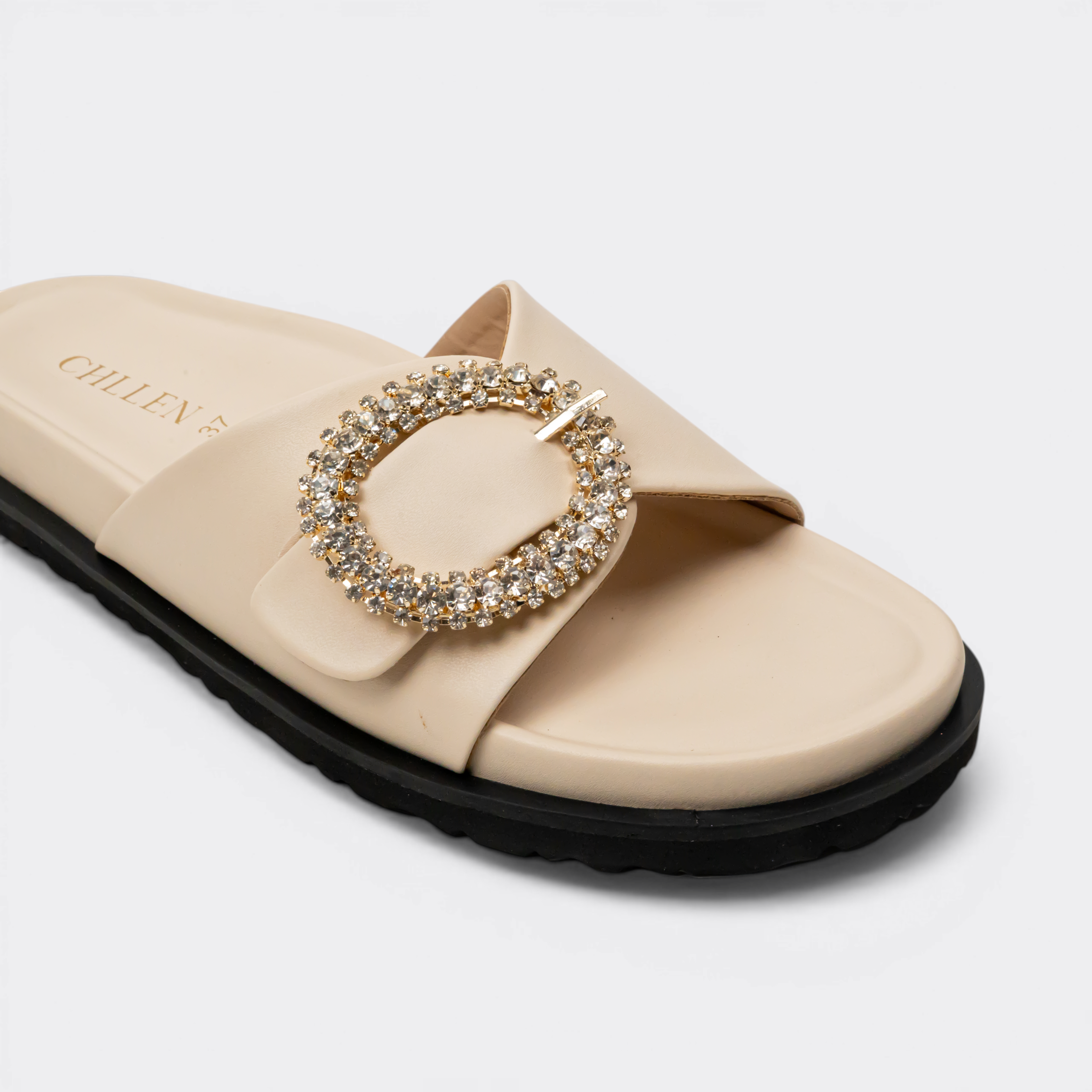 CHLLEN Beige Opal Crystal Buckle Slides