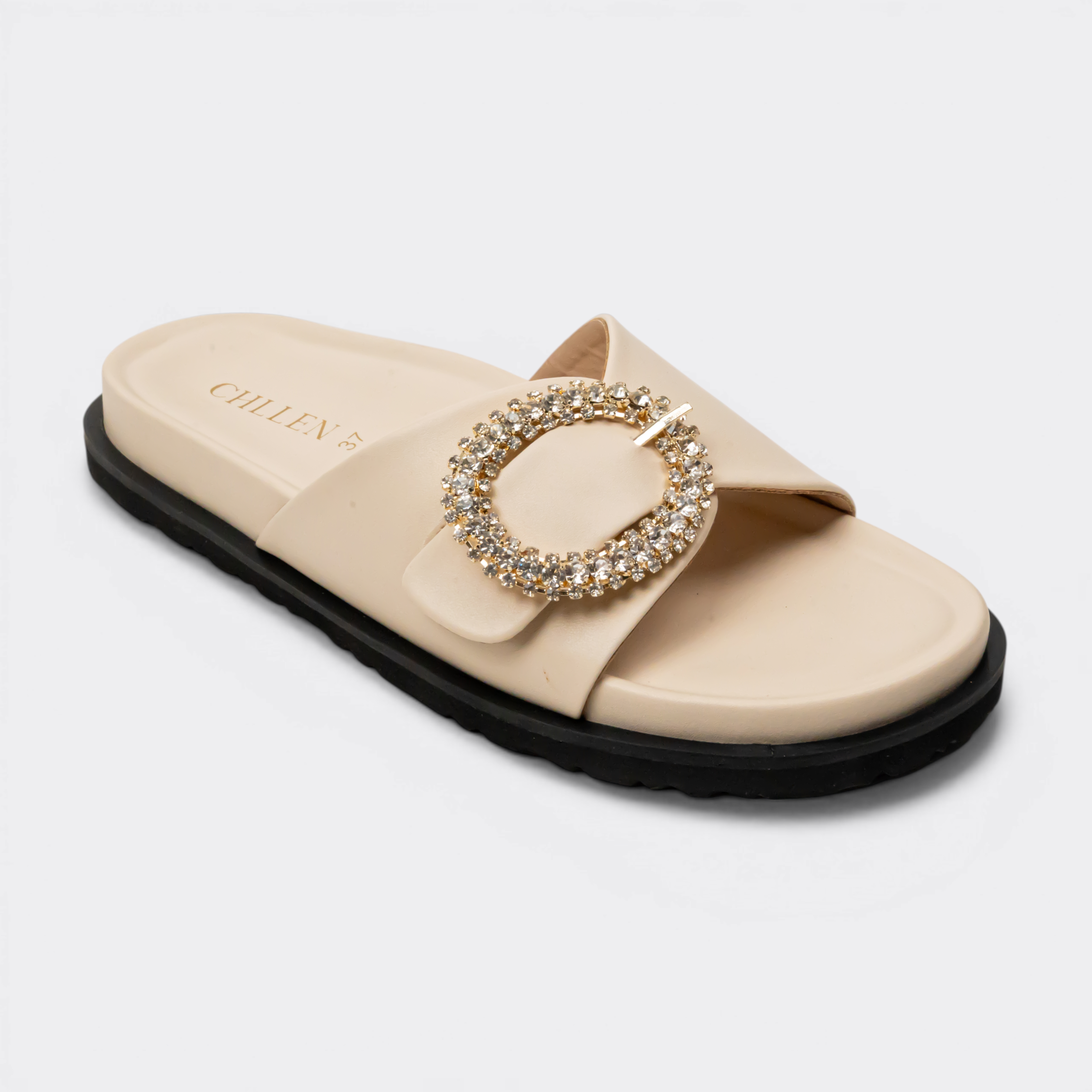 CHLLEN Beige Opal Crystal Buckle Slides