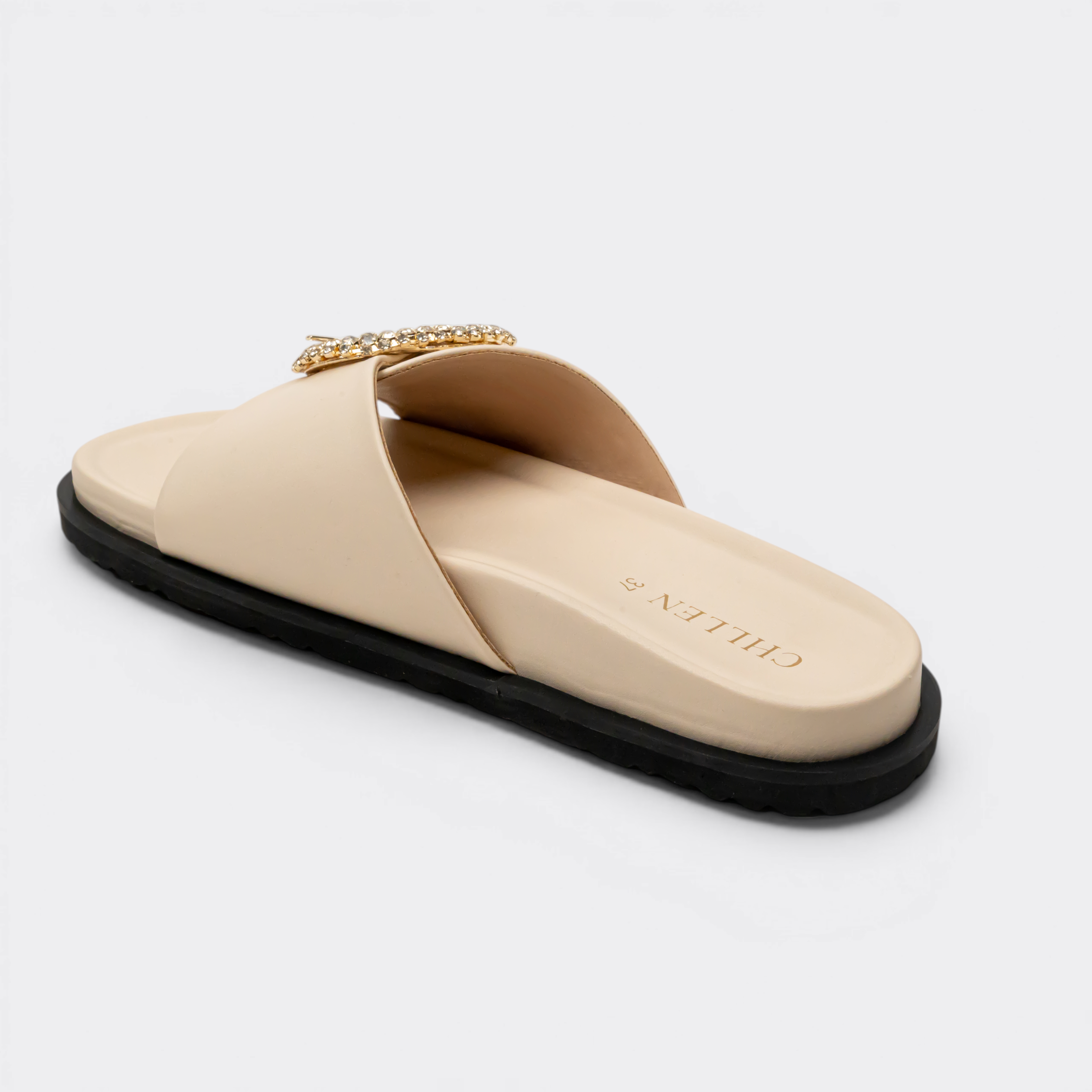 CHLLEN Beige Opal Crystal Buckle Slides